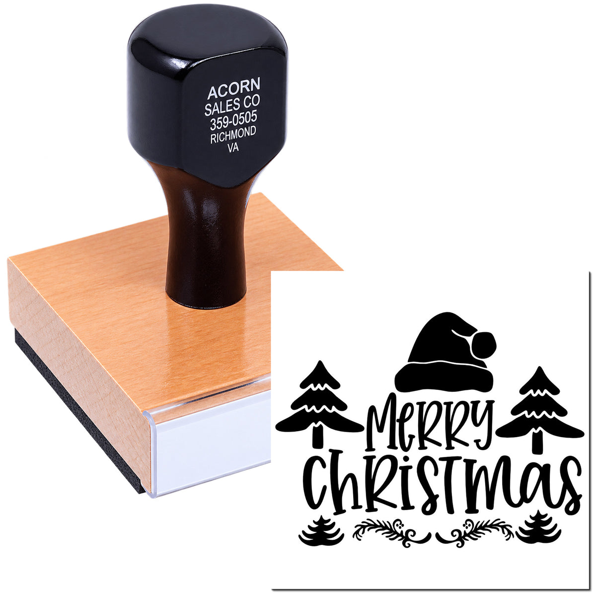 Merry Christmas rubber stamp with Santa hat and pine trees for holiday cards, crafts and custom stamping.