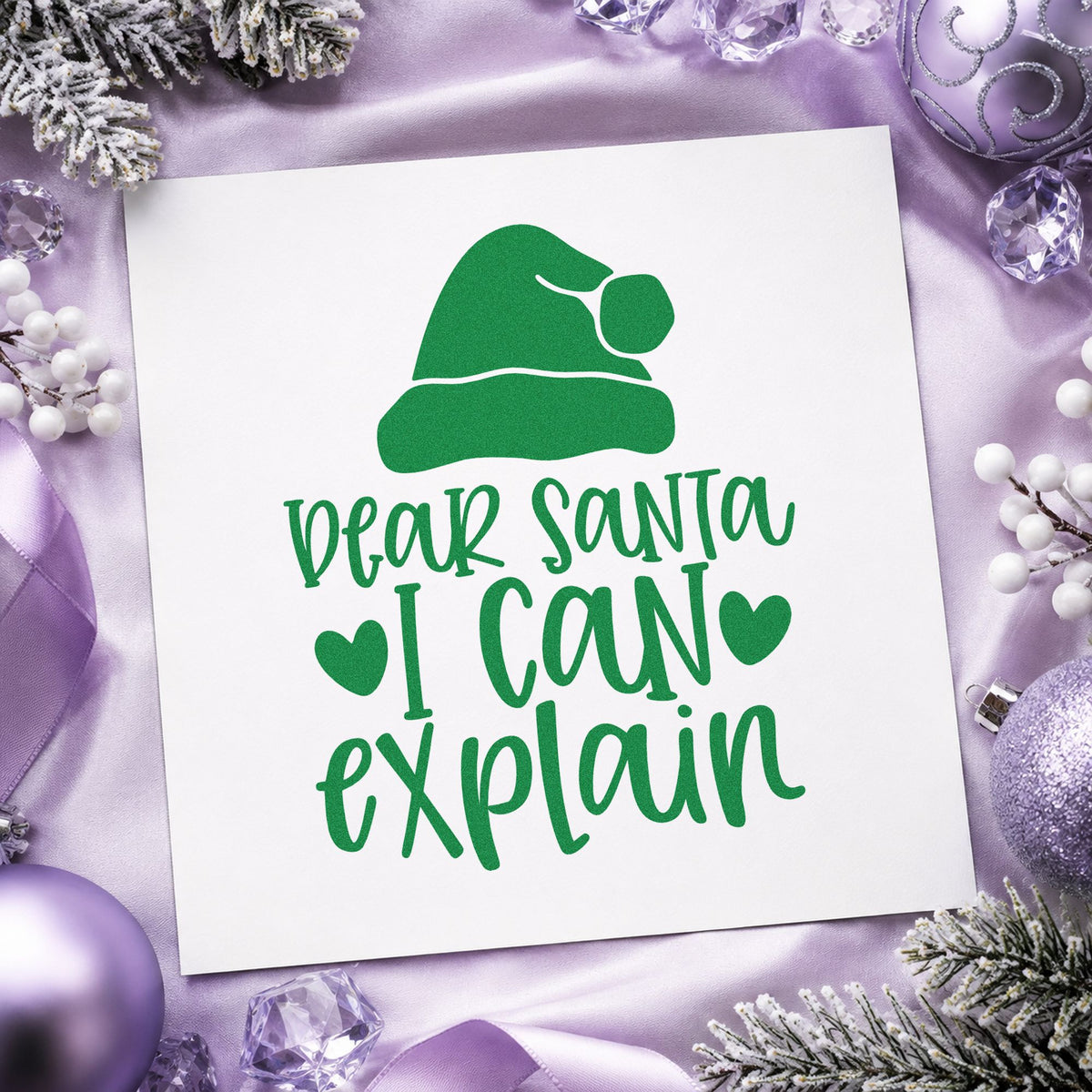 Dear Santa I Can Explain craft stamp imprint in green ink on a handmade project, one idea being peace offering tags.