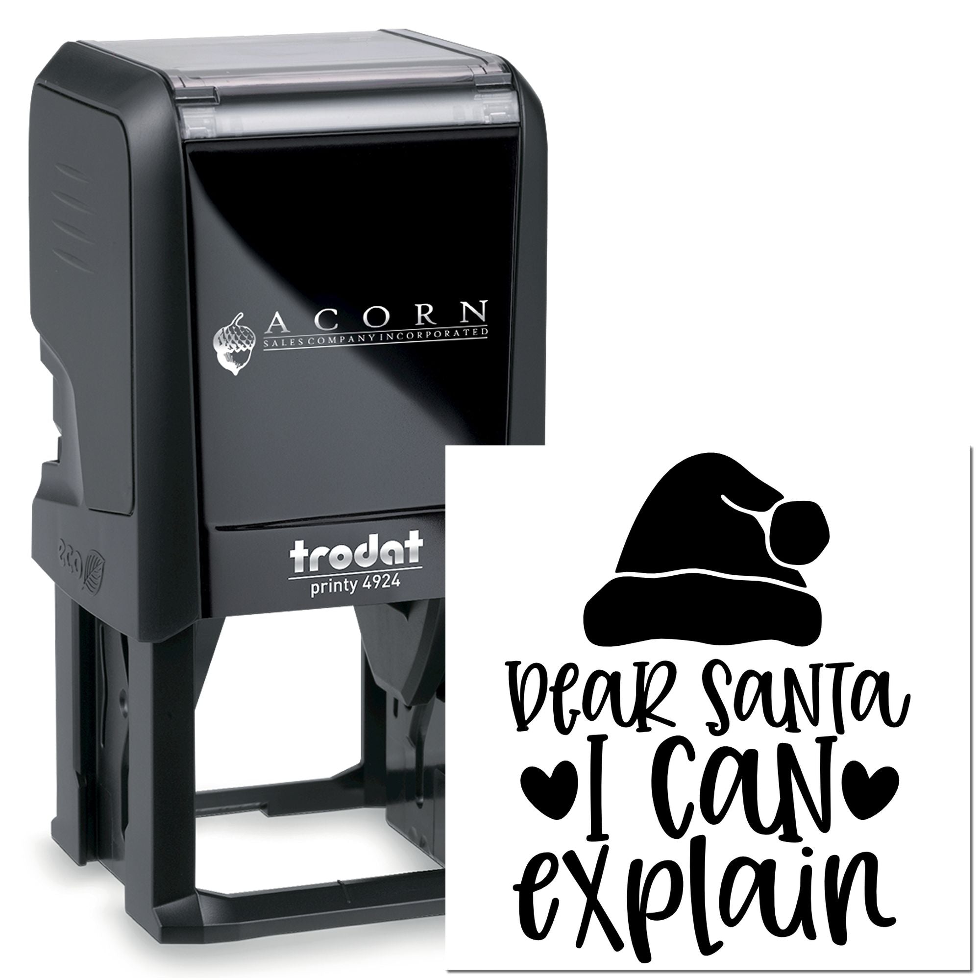 Custom self-inking rubber stamp with Dear Santa I can explain design, perfect for holiday crafts and gift packaging.