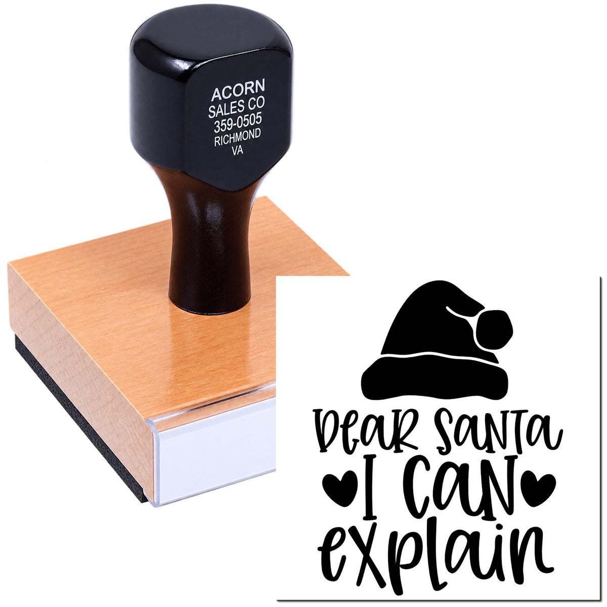 Wood-mounted rubber stamp with Dear Santa I Can Explain design for Christmas cards, crafts, and holiday packaging.