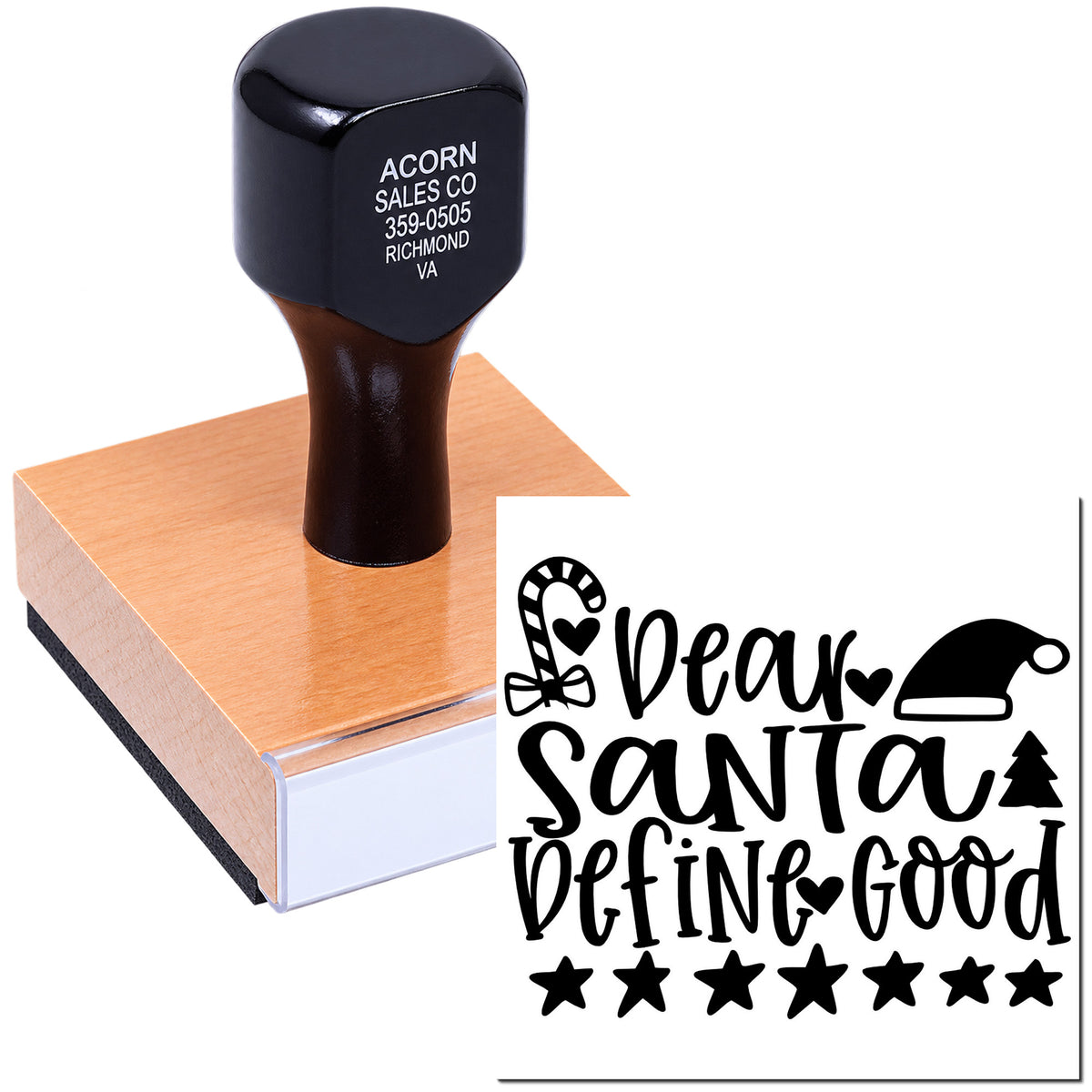Wooden rubber stamp featuring Dear Santa Define Good holiday design for Christmas cards, gift tags, and crafts.