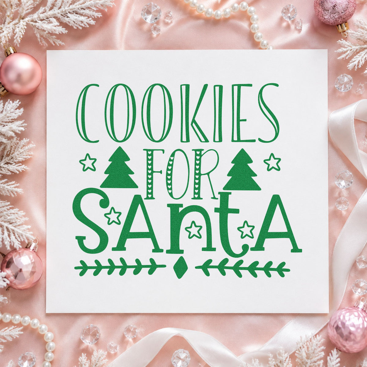 Cookies For Santa Trees craft stamp imprint in green ink on a handmade project, one idea being divided gift tags.