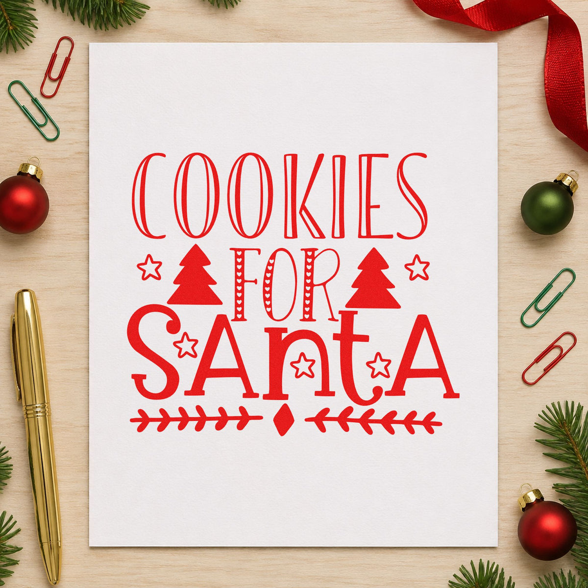 Cookies For Santa Trees craft stamp in red ink on cardstock, an easy option for runner split printing.