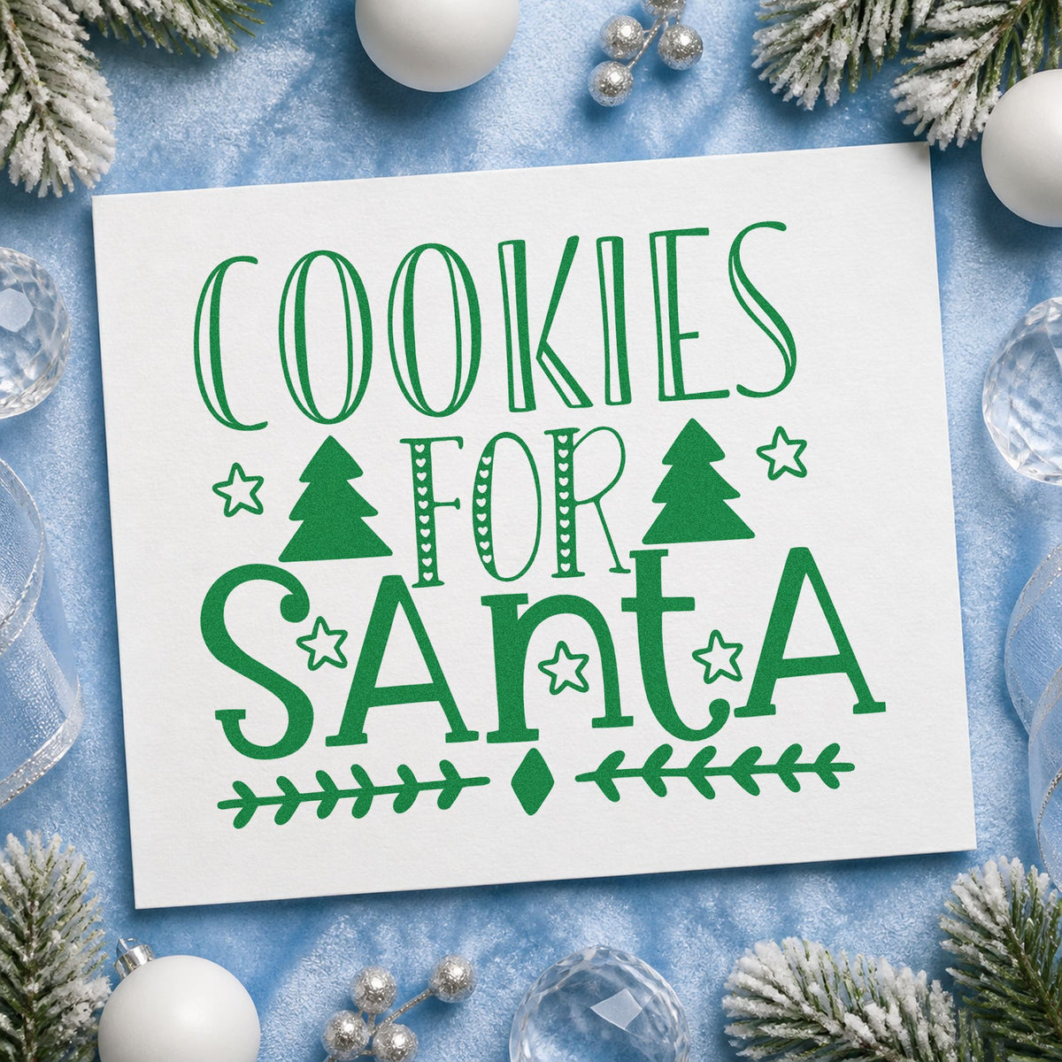 Cookies For Santa Trees craft stamp imprinted in green ink on paper, a design suited to framed diptych set.