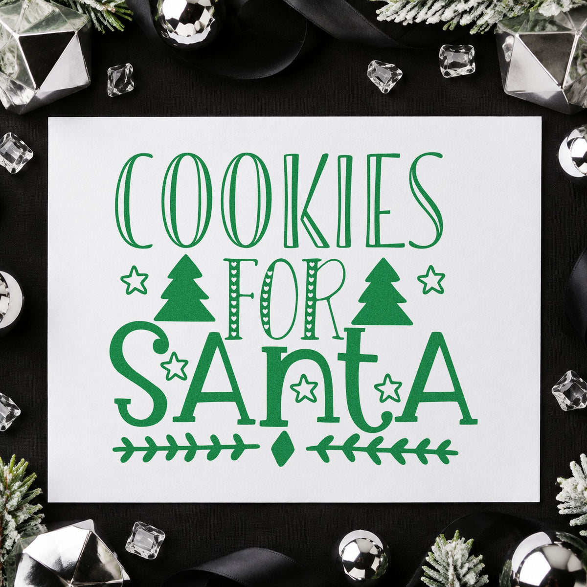 Cookies For Santa Trees craft stamp imprint in green ink on a handmade project, one idea being menu course cards.