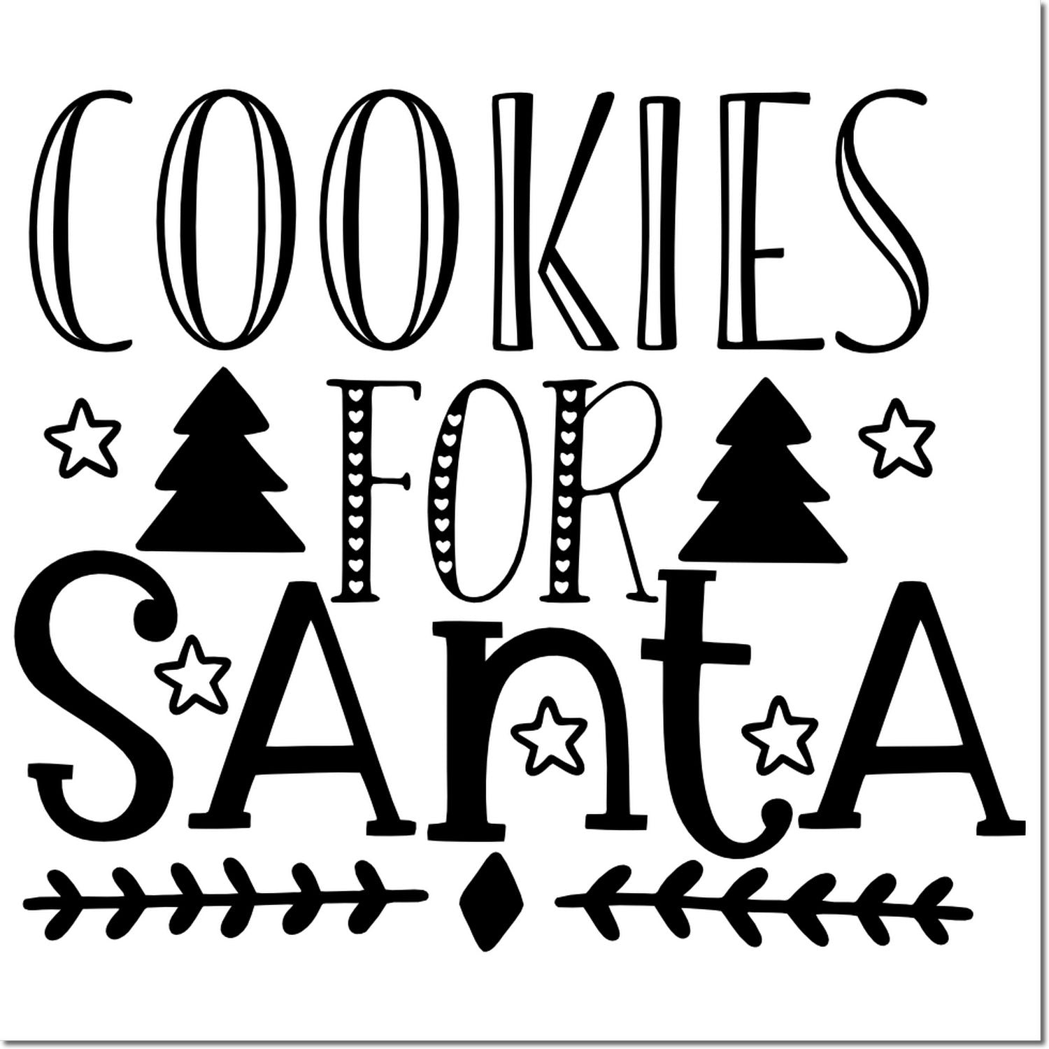 Cookies for Santa Christmas rubber stamp design with trees, stars and festive accents for holiday baking and gift tags