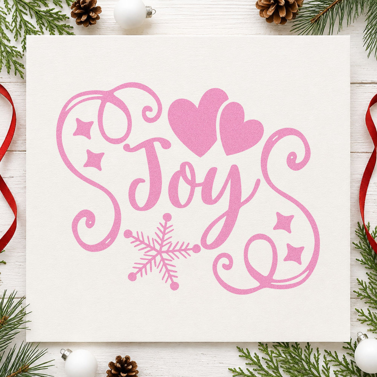 Joy Hearts Snowflake Flourish craft stamp in purple ink on cardstock, an easy option for sentiment album page.