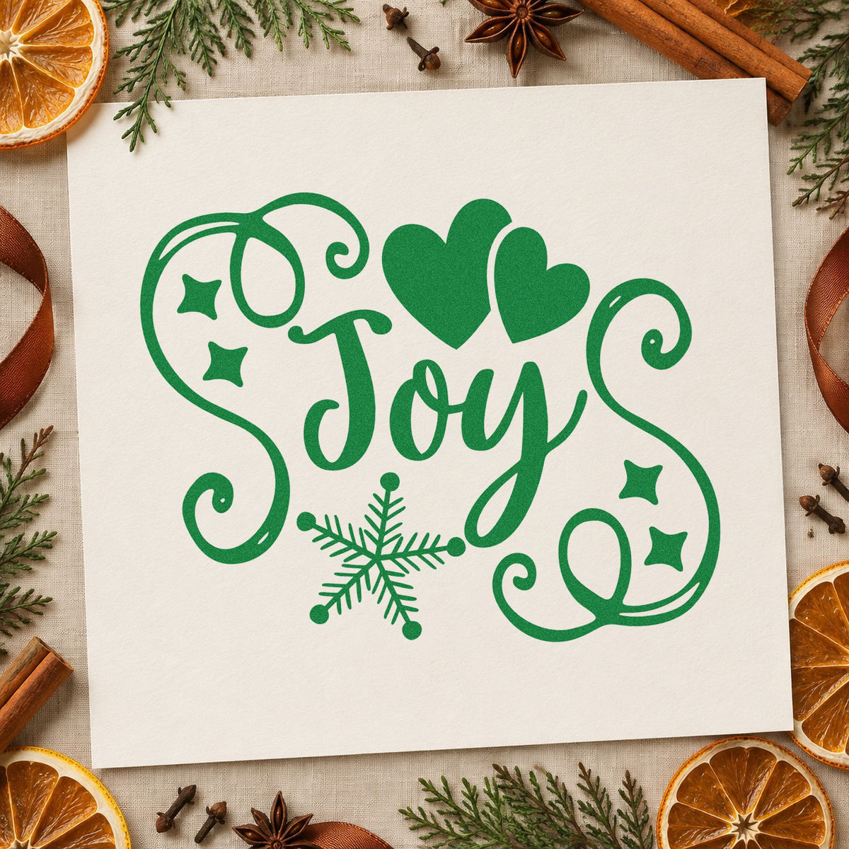 Joy Hearts Snowflake Flourish craft stamp imprinted in green ink on paper, a design suited to framed bedside shelf.