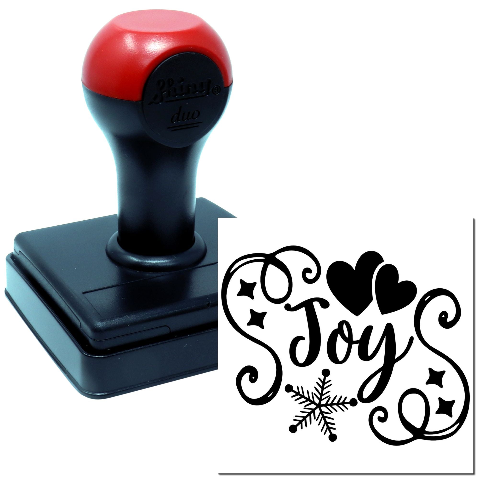 Self-inking rubber stamp with Joy holiday design, hearts and snowflake for cards, crafts, and festive branding.
