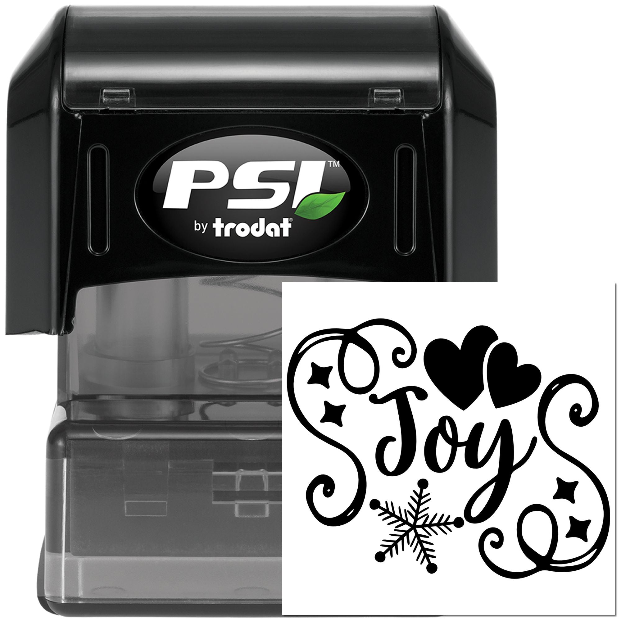 PSI by Trodat self-inking rubber stamp with Joy holiday design, hearts and snowflake for festive card making