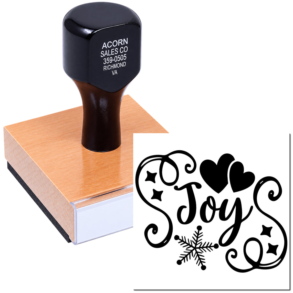 Custom holiday rubber stamp with Joy design, hearts and snowflake, ideal for festive card making and craft projects.