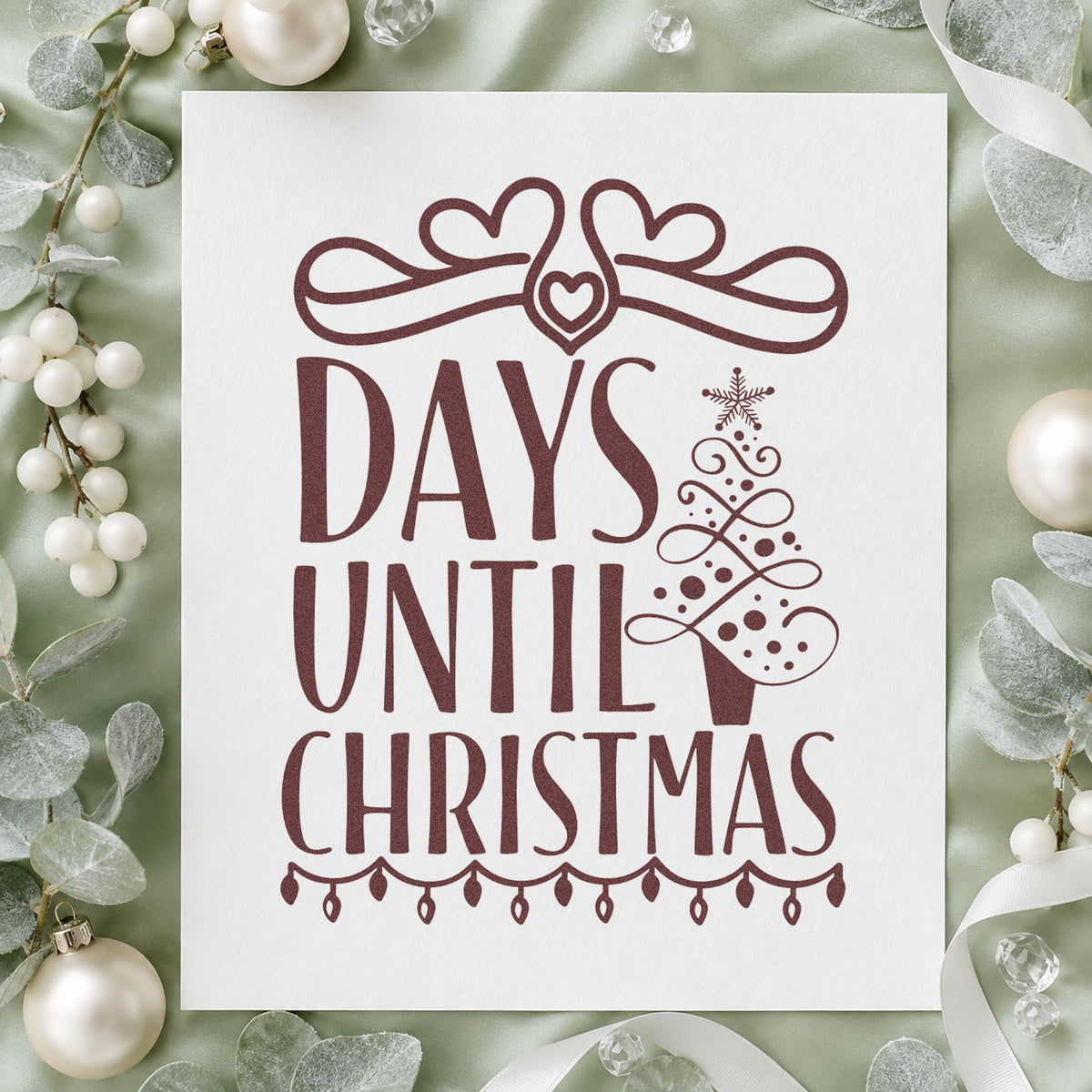 Days Until Christmas Bow rubber stamp printed in brown ink, ready for daily number sheet and similar paper crafts.