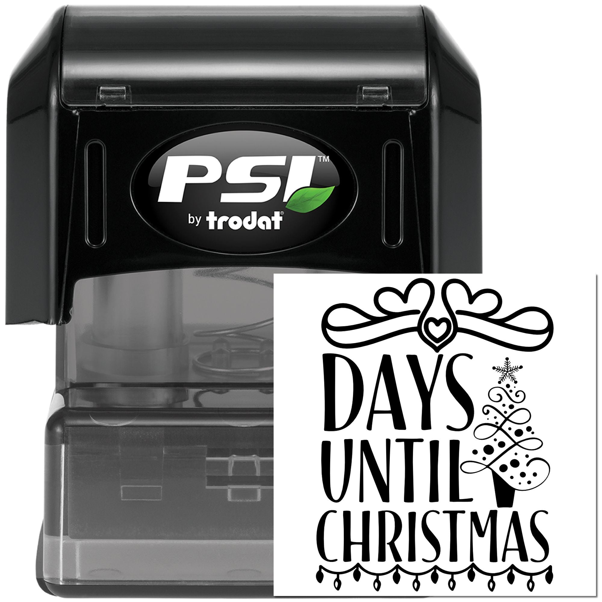 PSI by Trodat self-inking rubber stamp for holiday countdown, reading Days Until Christmas with decorative hearts and tree.