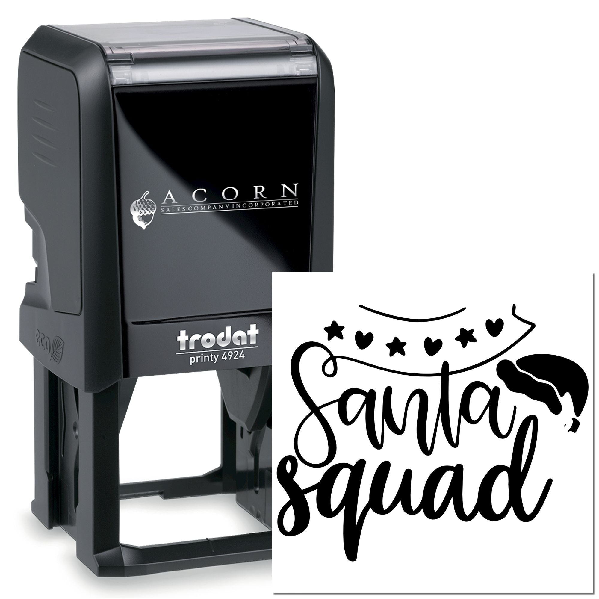 Custom self-inking rubber stamp with Santa Squad design, ideal for holiday cards, crafts, and branded packaging.