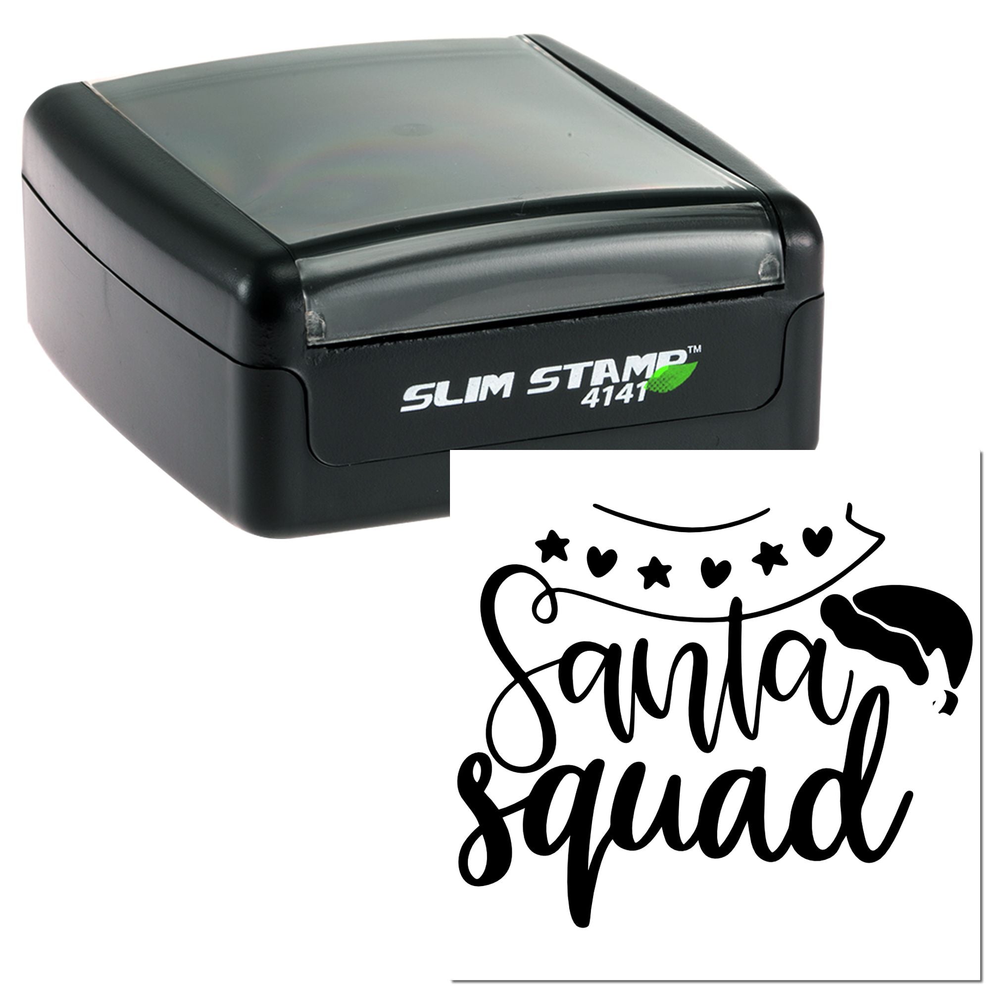 Slim self-inking rubber stamp with Santa Squad holiday design for Christmas crafts, gifts, and custom packaging.
