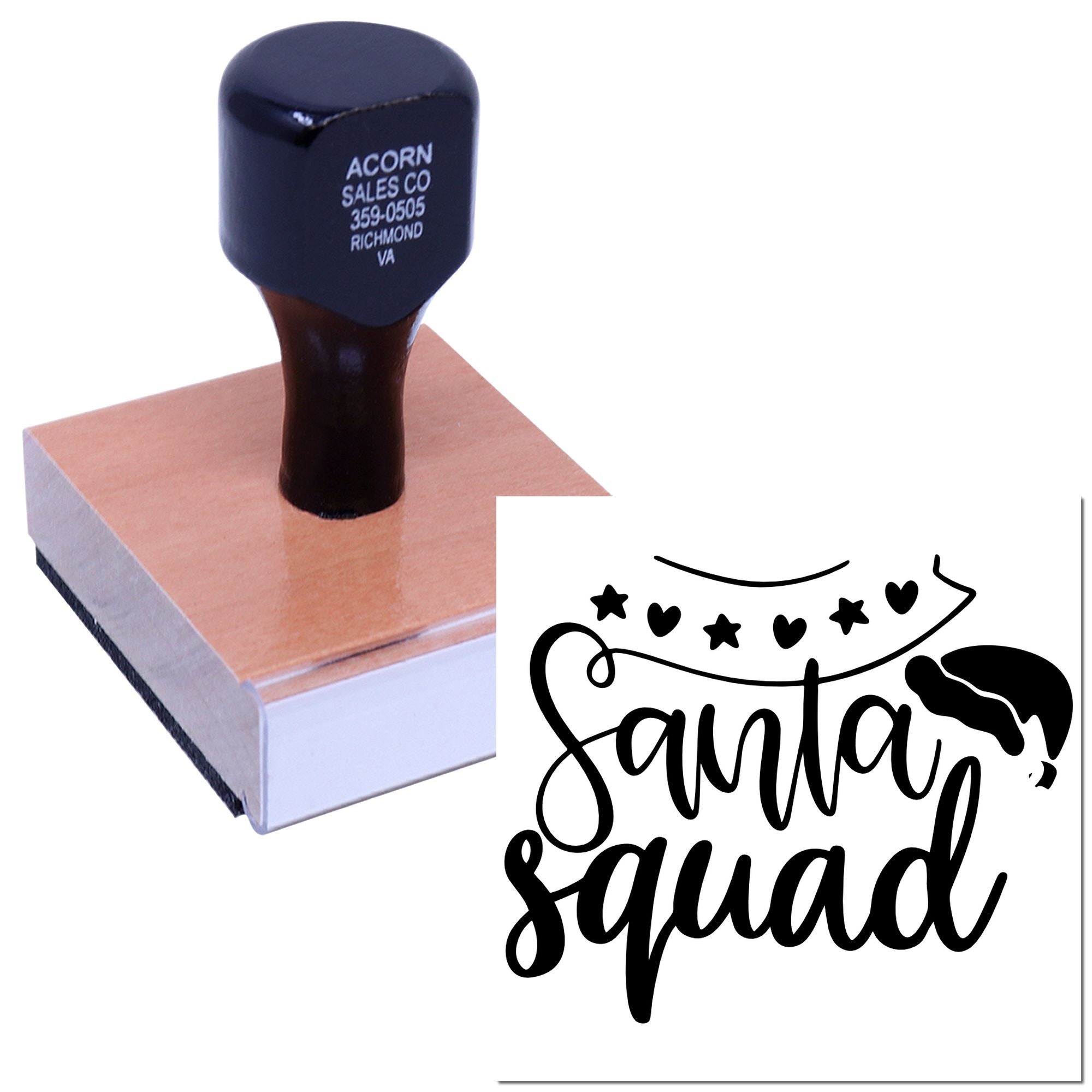 Custom Santa Squad rubber stamp for holiday crafts, featuring festive lettering, stars, and a Santa hat design.