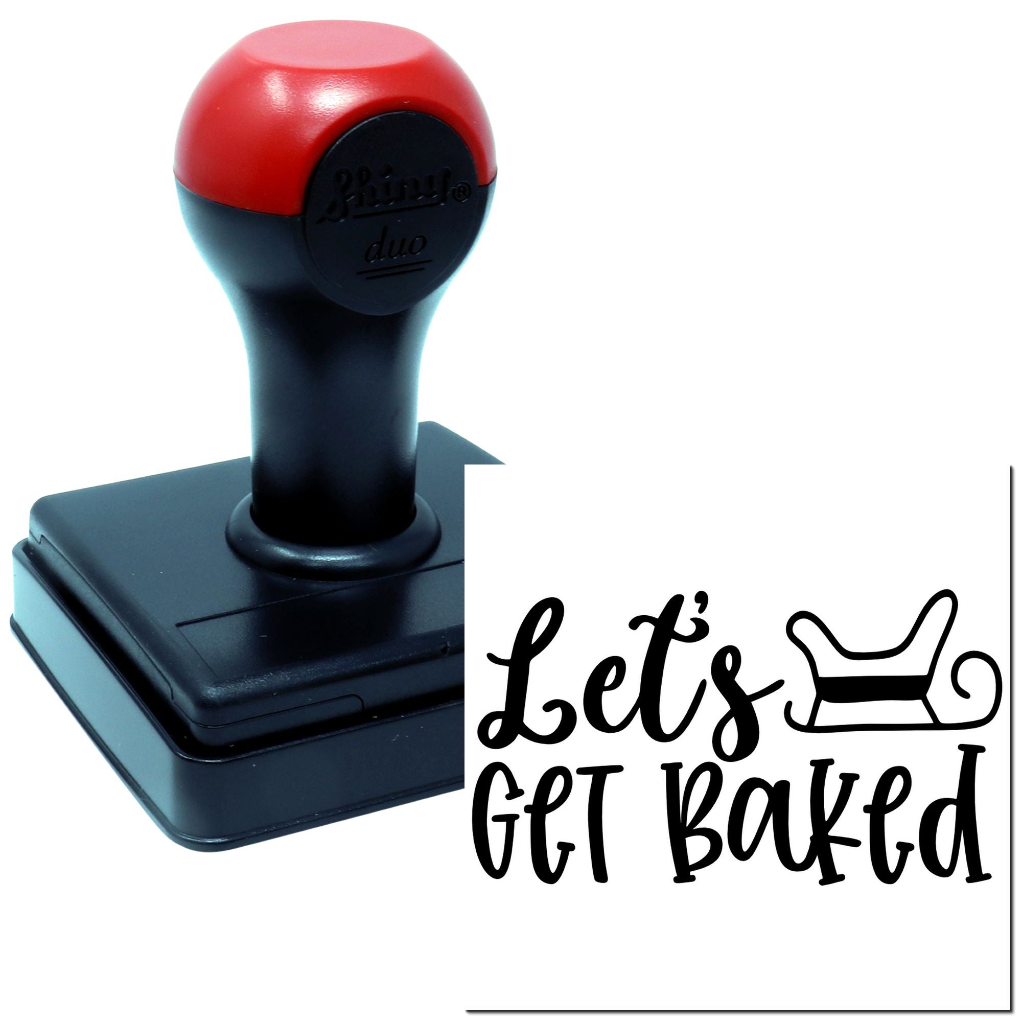 Custom self-inking rubber stamp featuring Lets Get Baked text and couch icon for bakery or craft use.