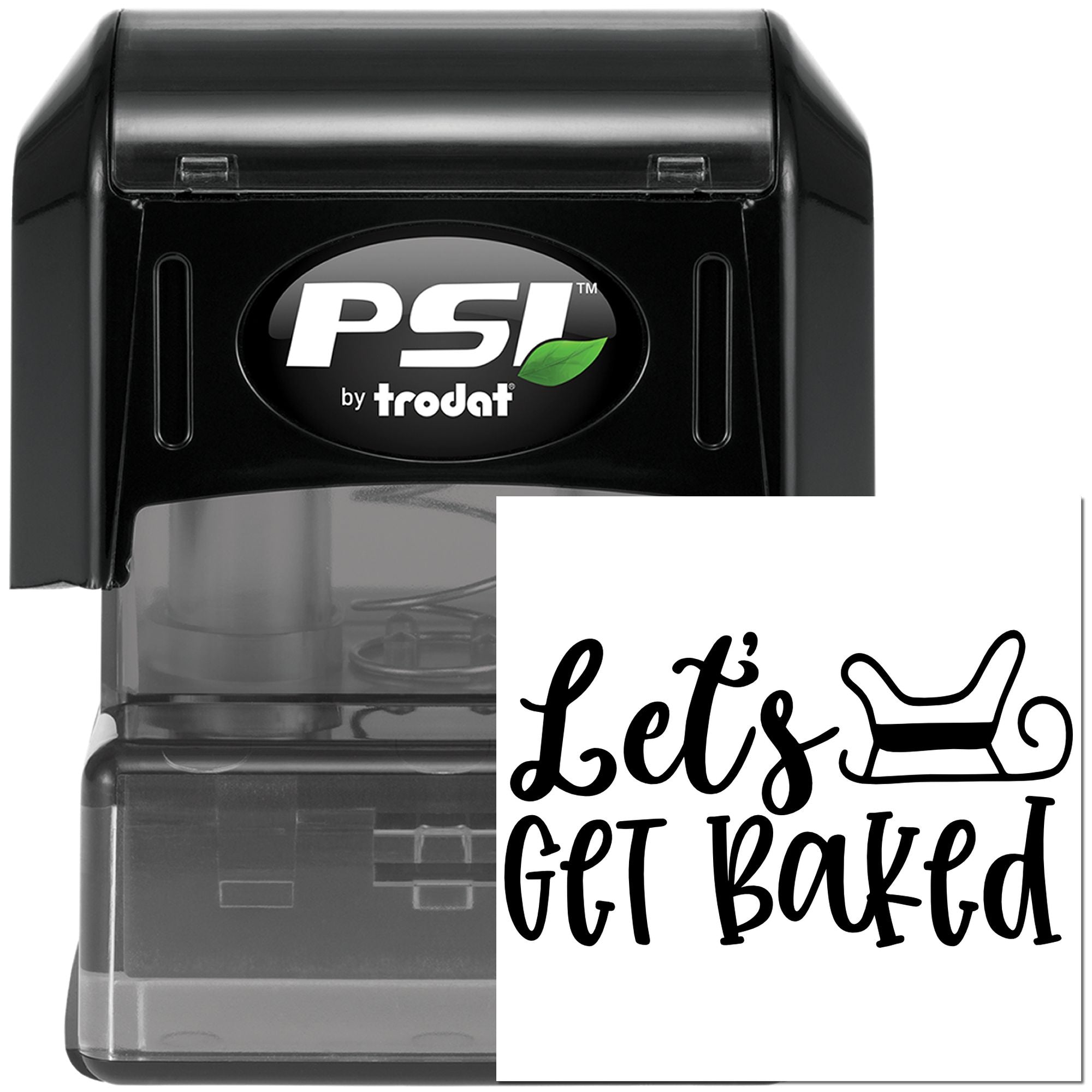 Custom self-inking rubber stamp with "Let's Get Baked" design and rolling pin icon for bakery packaging and craft use.