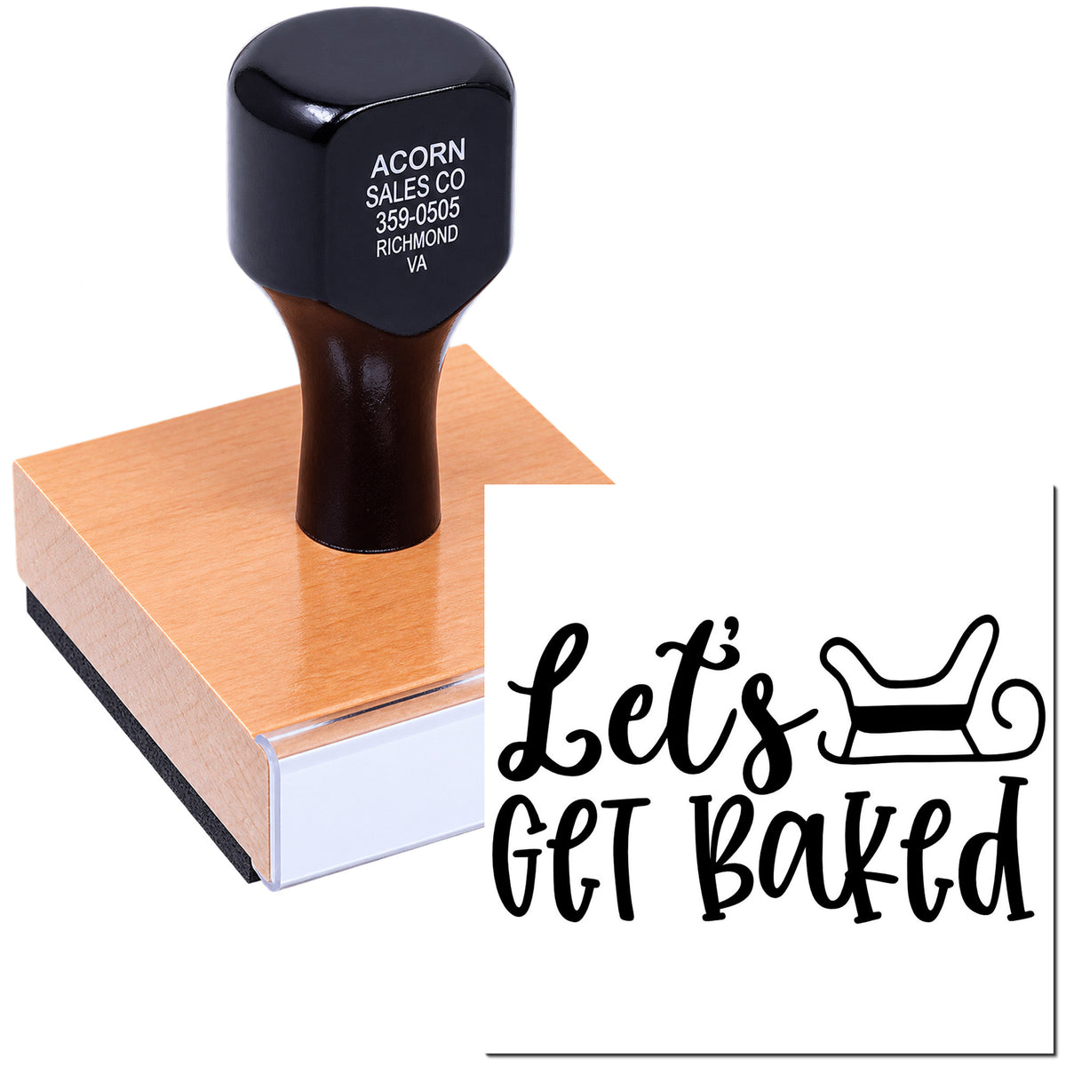 Custom rubber stamp with Lets Get Baked design and couch icon for bakery or cannabis packaging.