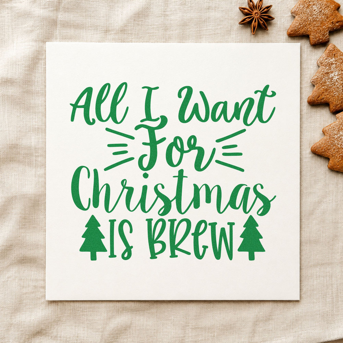 All I Want Is Brew craft stamp imprint in green ink on a handmade project, one idea being flight order cards.