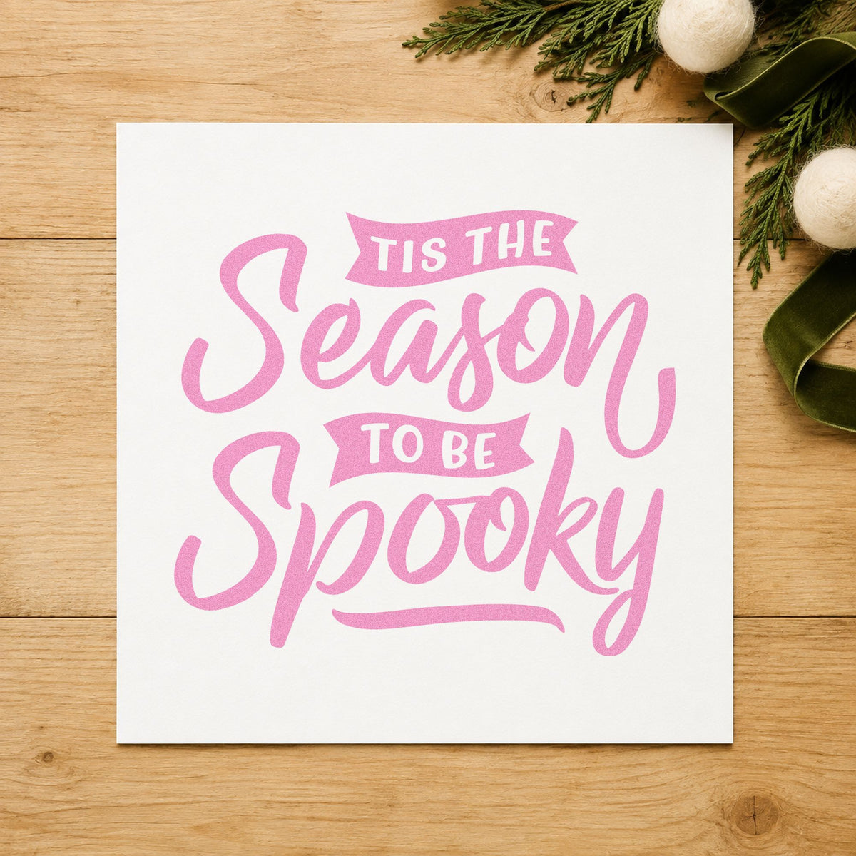 Season To Be Spooky craft stamp in purple ink on cardstock, an easy option for costume album page.