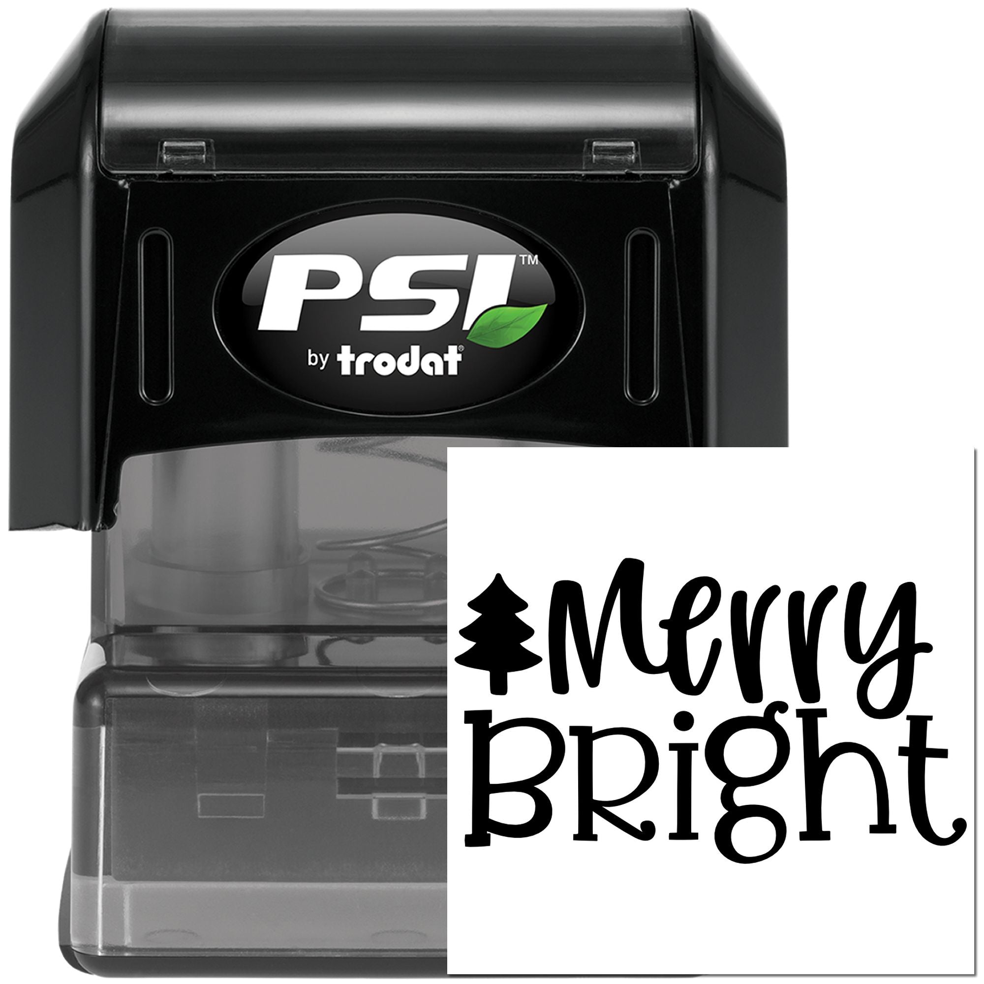 PSI by Trodat self-inking rubber stamp with Merry Bright holiday design for custom Christmas card and craft stamping.