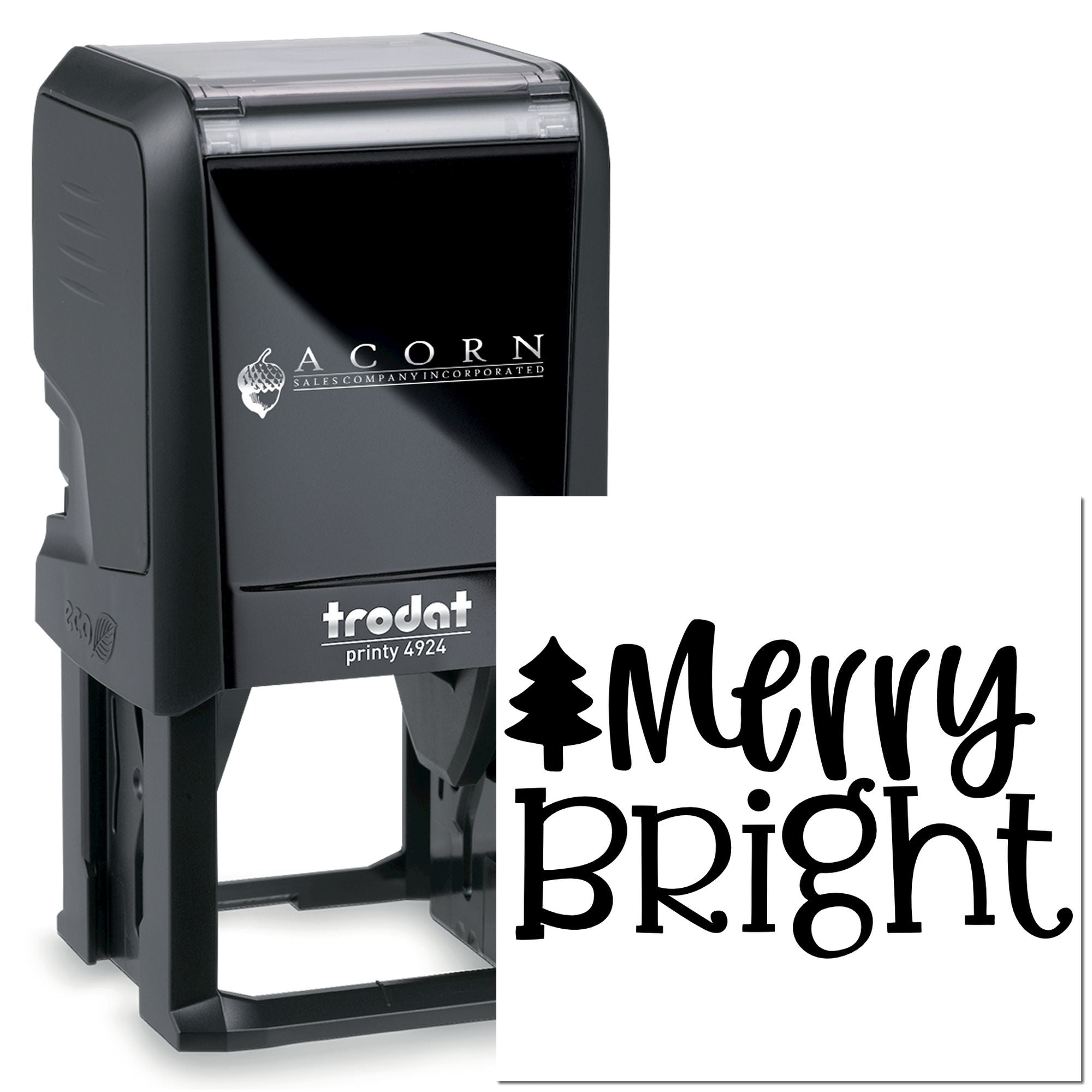 Custom Merry Bright self-inking rubber stamp for Christmas cards, holiday packaging, and festive branding.