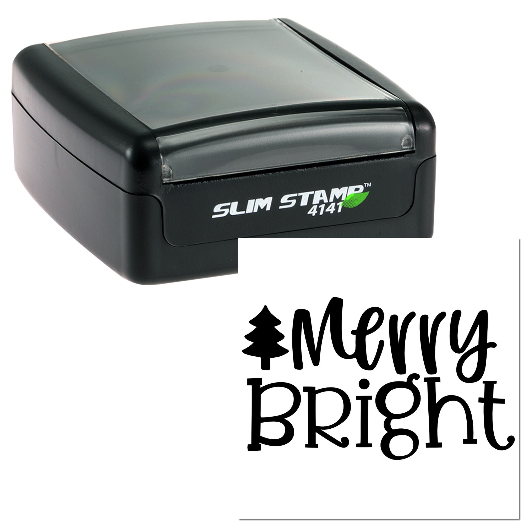 Slim Stamp 4141 self-inking rubber stamp imprint with Merry Bright holiday greeting and tree icon.