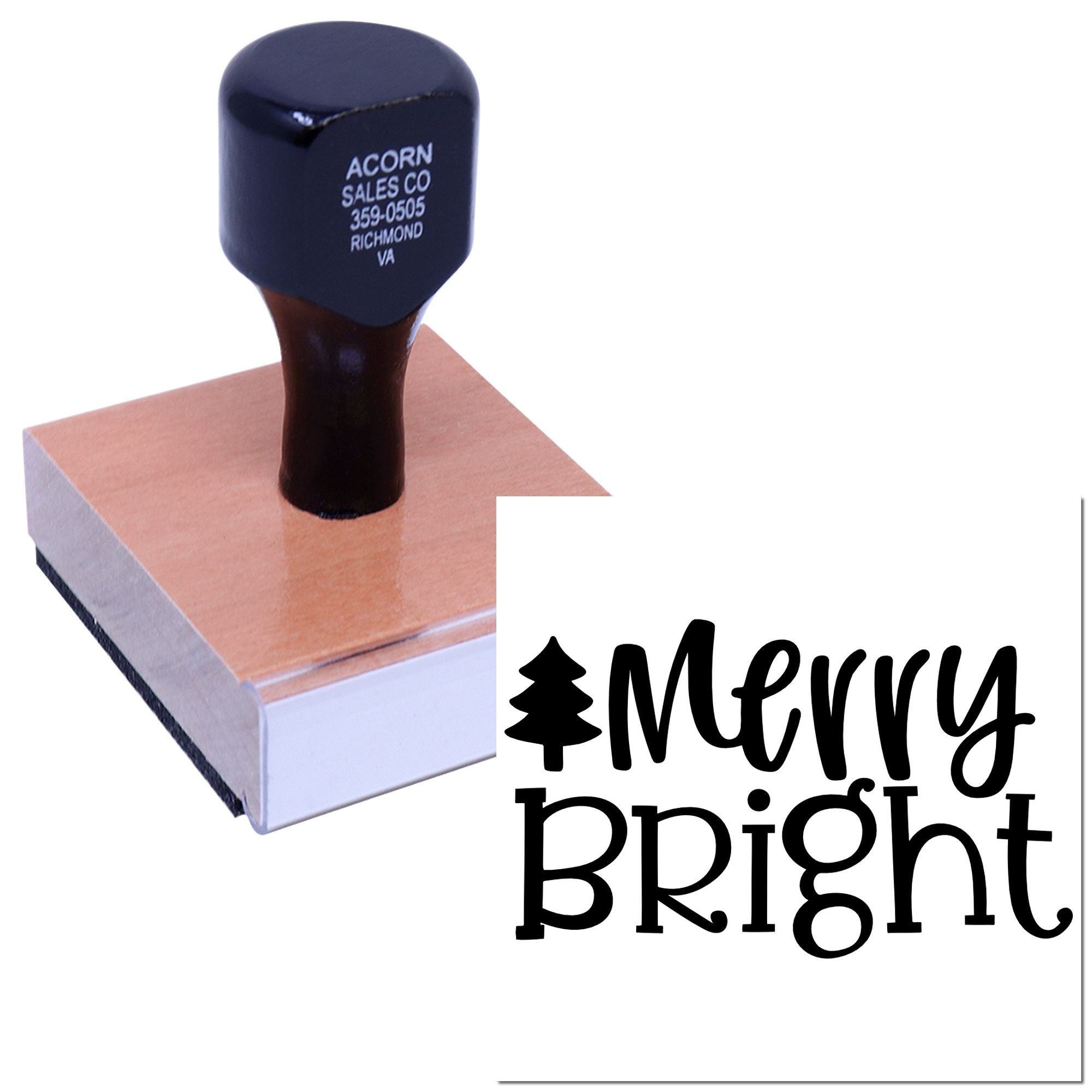Custom wooden rubber stamp with Merry Bright Christmas design for holiday cards, crafts, and packaging