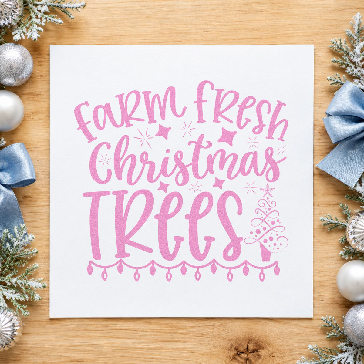 Farm Fresh Christmas Trees craft stamp in purple ink on cardstock, an easy option for lot at night album.