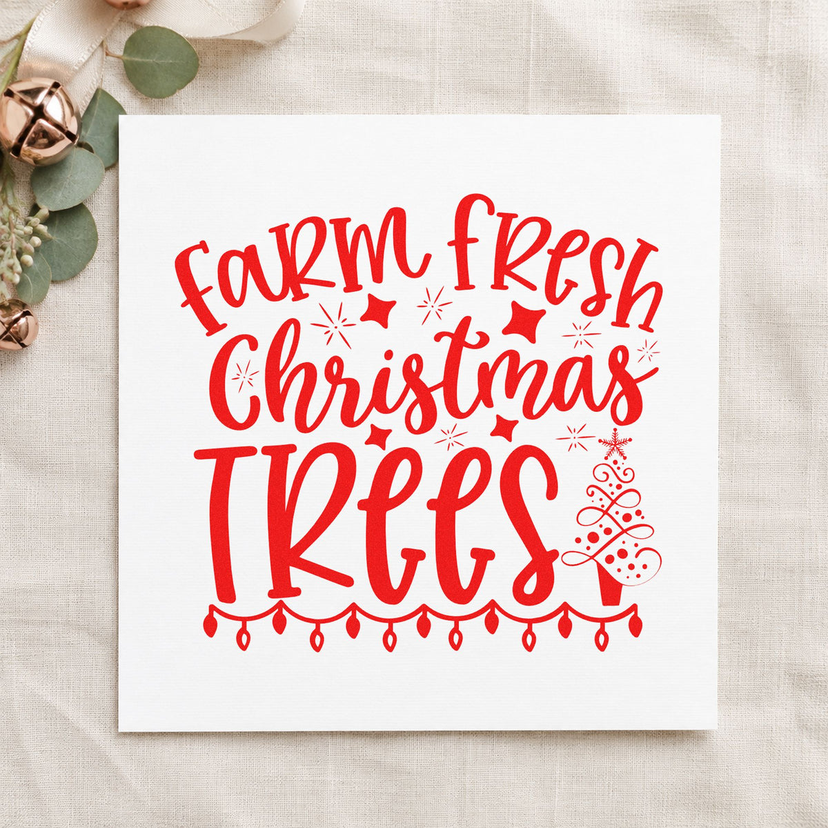 Farm Fresh Christmas Trees craft stamp in red ink on cardstock, an easy option for crew hoodie printing.