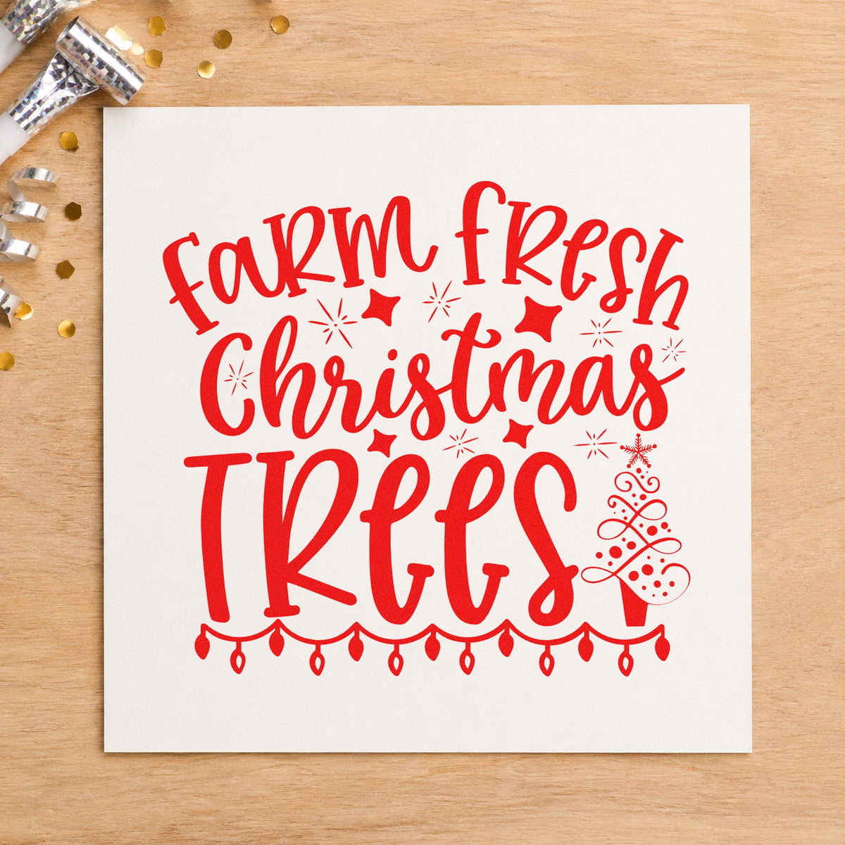 Farm Fresh Christmas Trees rubber stamp shown in red ink, stamped for projects such as stand bin labels.