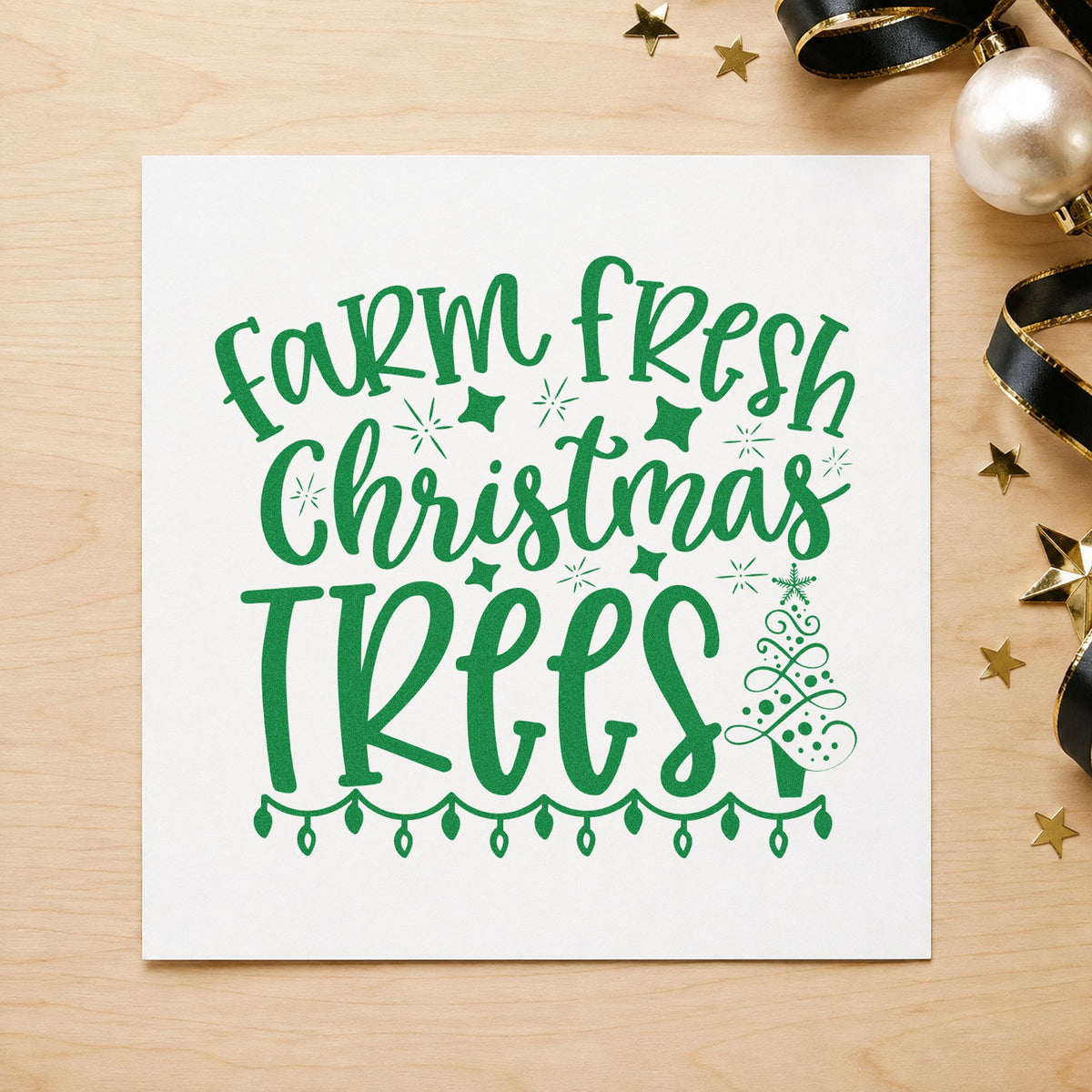 Farm Fresh Christmas Trees craft stamp imprint in green ink on a handmade project, one idea being night hours placards.