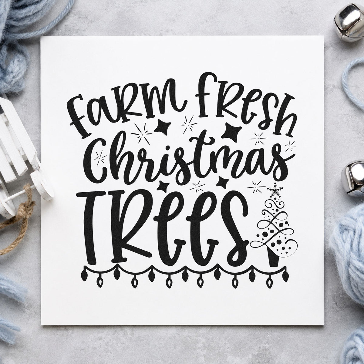 Farm Fresh Christmas Trees rubber stamp printed in black ink, ready for lit tree cards and similar paper crafts.