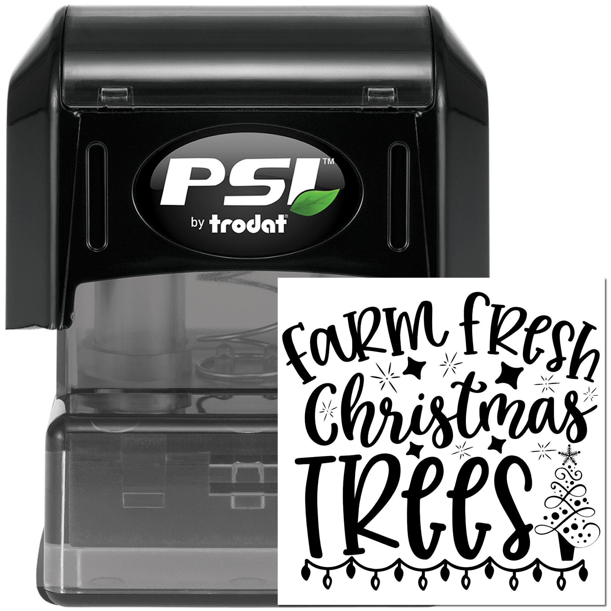 PSI by Trodat self-inking rubber stamp with Farm Fresh Christmas Trees design for holiday crafts and packaging.