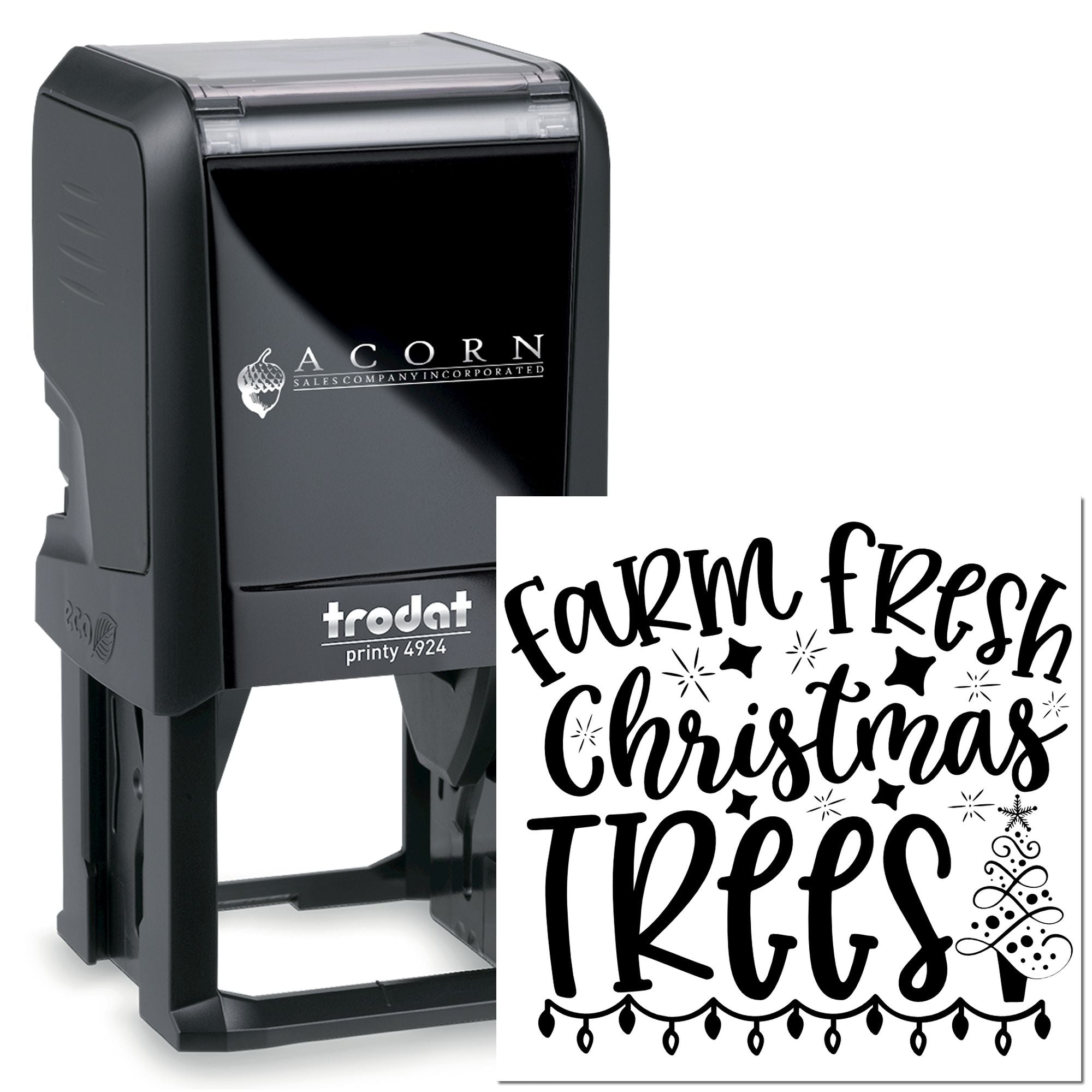 Self-inking rubber stamp with custom Farm Fresh Christmas Trees holiday design for festive branding.