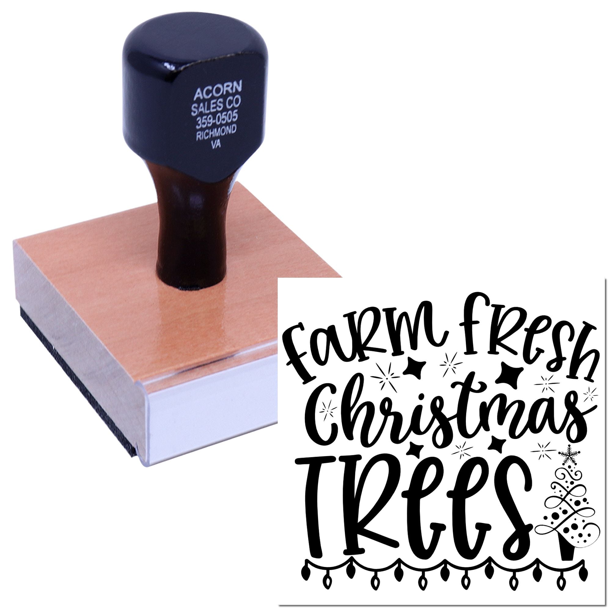 Custom rubber stamp for Farm Fresh Christmas Trees branding, packaging, and holiday tags for Christmas tree farms.