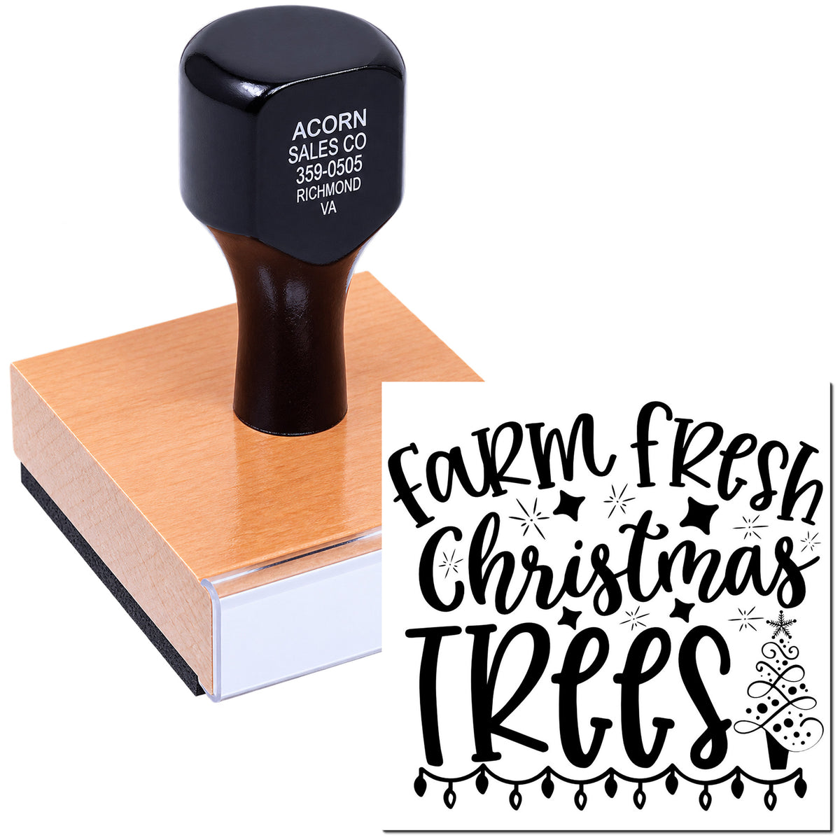 Custom rubber stamp for Farm Fresh Christmas Trees branding, packaging, and holiday tags for Christmas tree farms.
