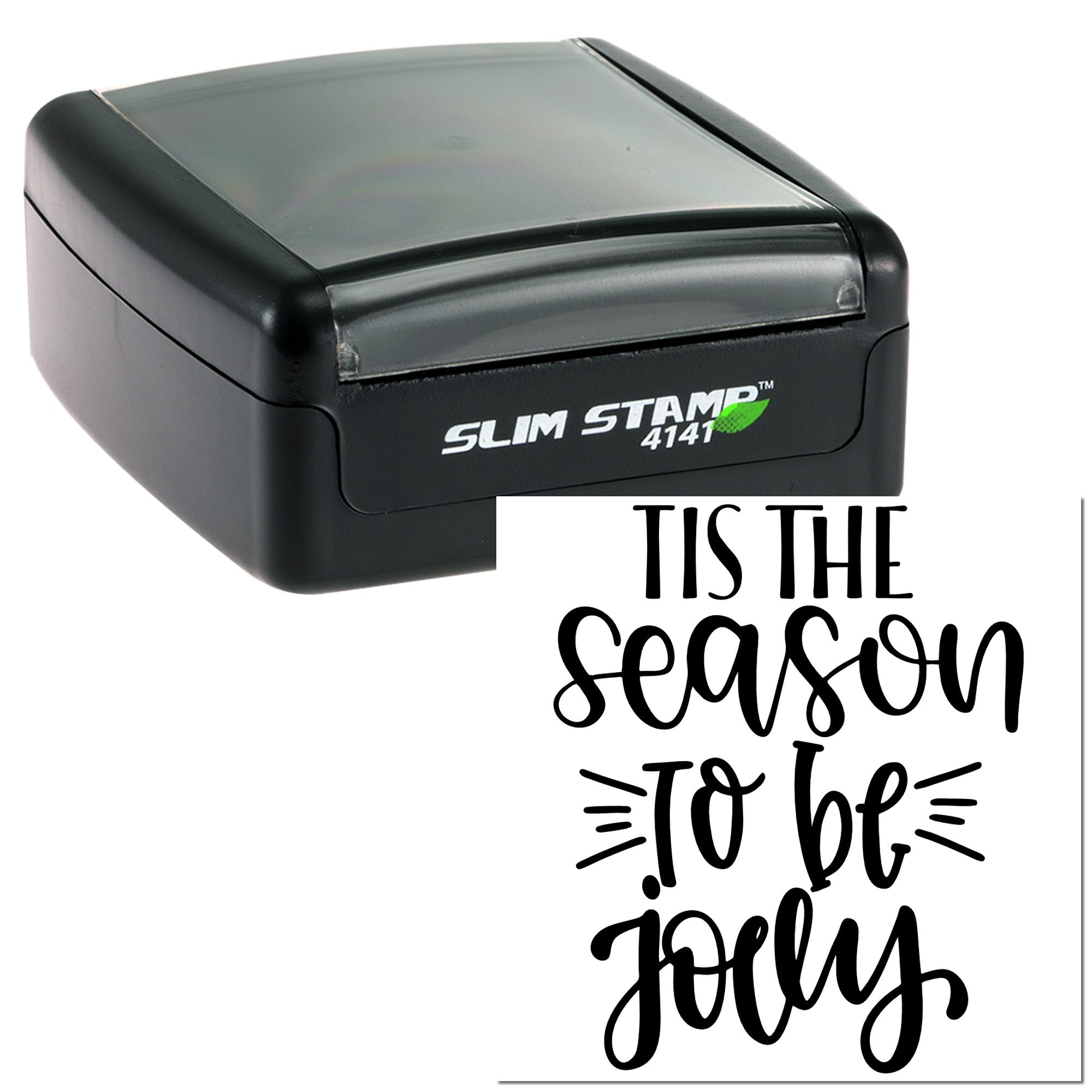 Custom self-inking rubber stamp with Tis the season to be jolly holiday sentiment for cards, crafts, and seasonal packaging.