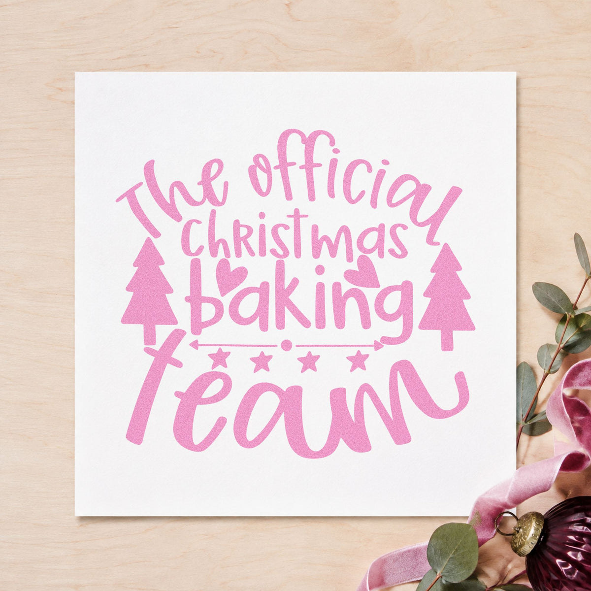 Official Christmas Baking Team craft stamp in purple ink on cardstock, an easy option for bracket album page.
