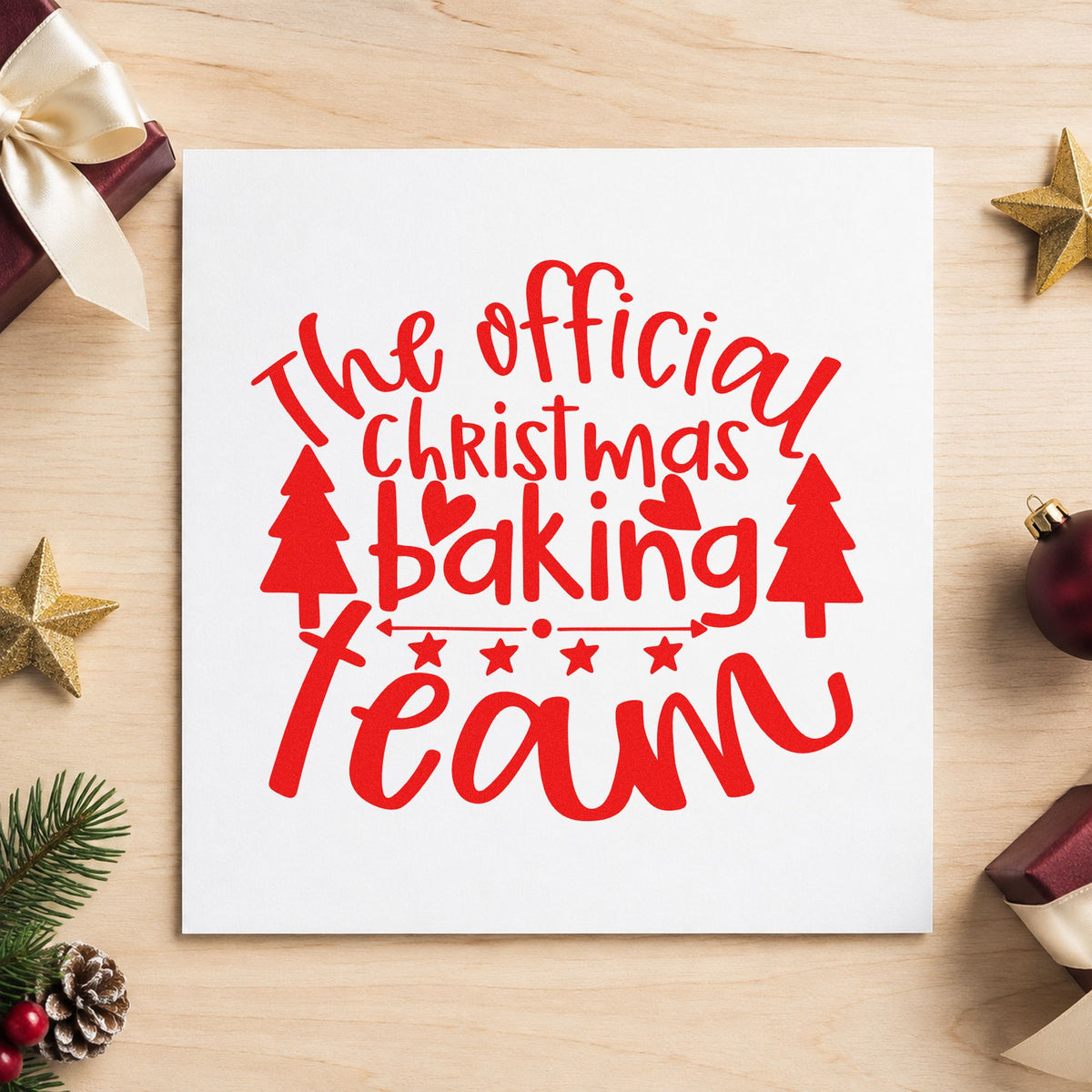 Official Christmas Baking Team rubber stamp shown in red ink, stamped for projects such as round tray labels.
