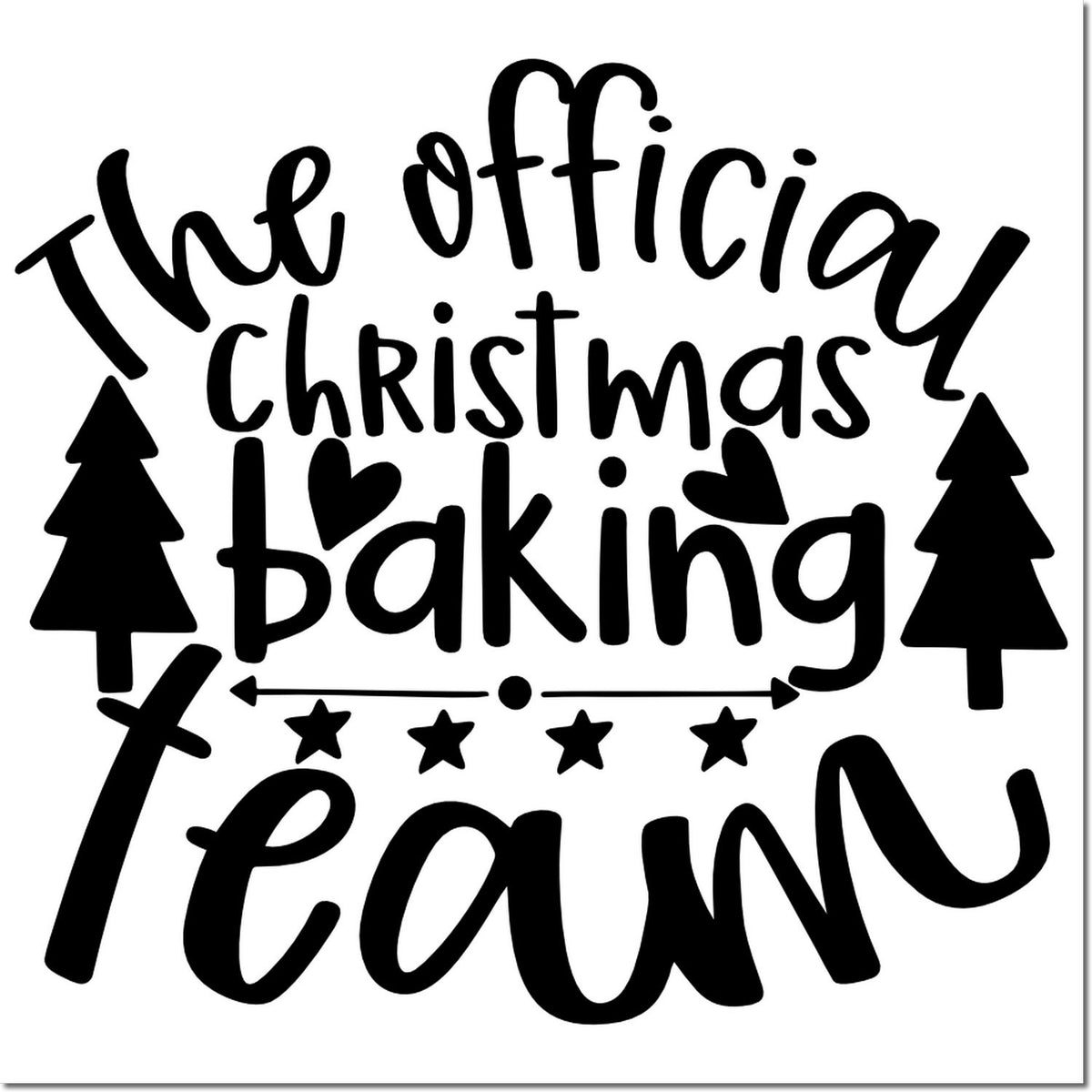 Official Christmas baking team rubber stamp with festive trees, stars, and hearts for holiday cards and bakery packaging.
