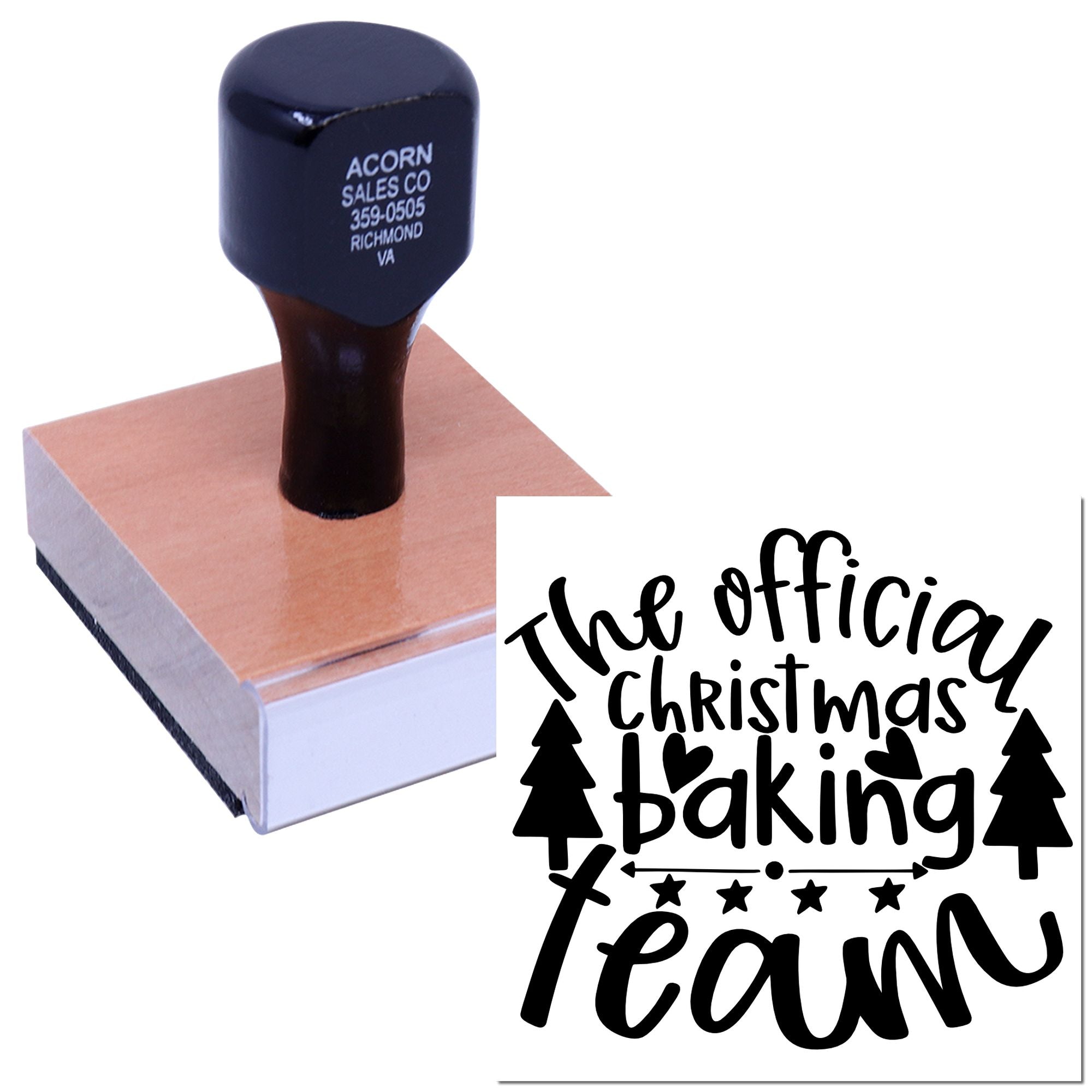 Custom Christmas baking rubber stamp with festive tree design, shown on a mounted stamp block for holiday kitchen use.