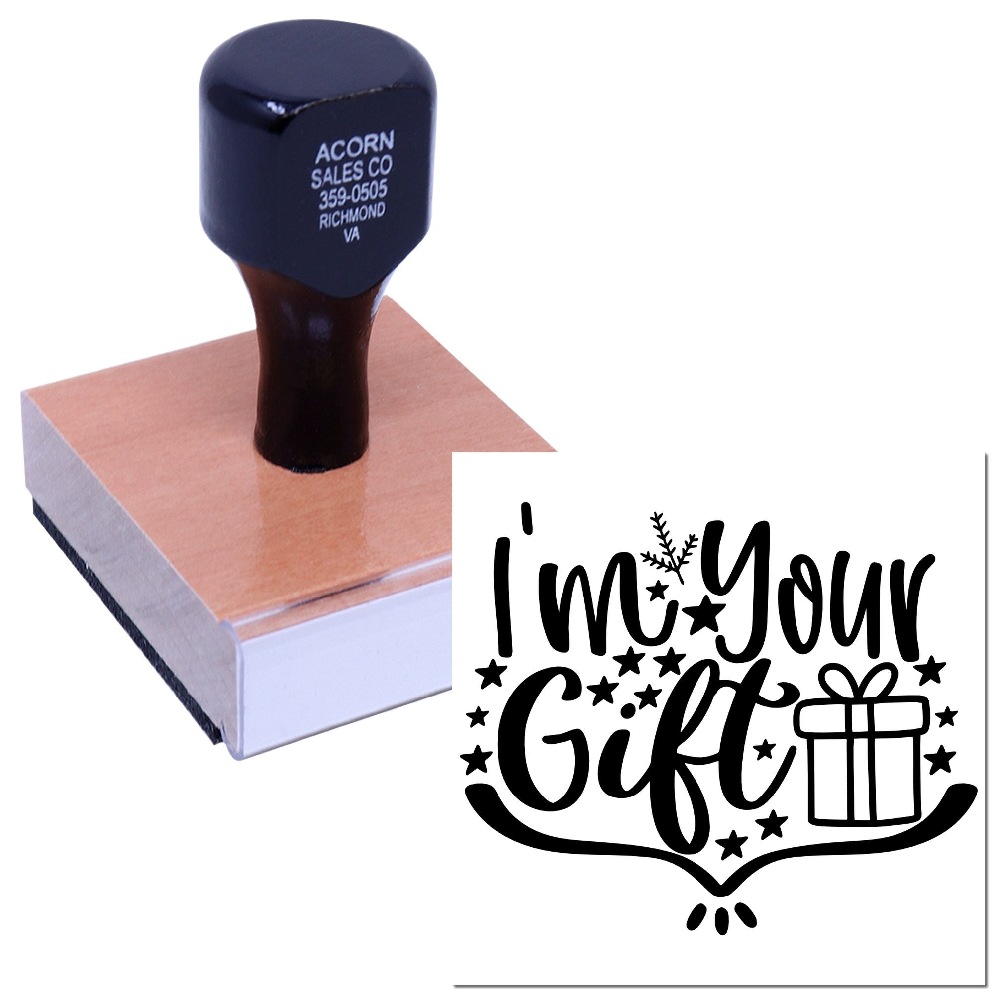 Custom rubber stamp featuring Im Your Gift holiday design, shown with wooden handle and stamped impression.