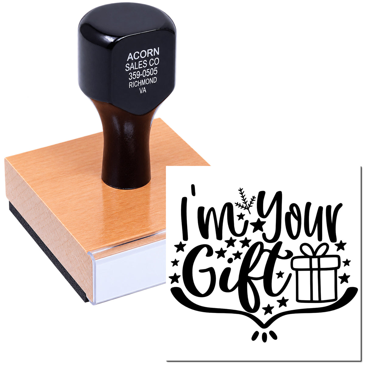 Custom rubber stamp featuring Im Your Gift holiday design, shown with wooden handle and stamped impression.