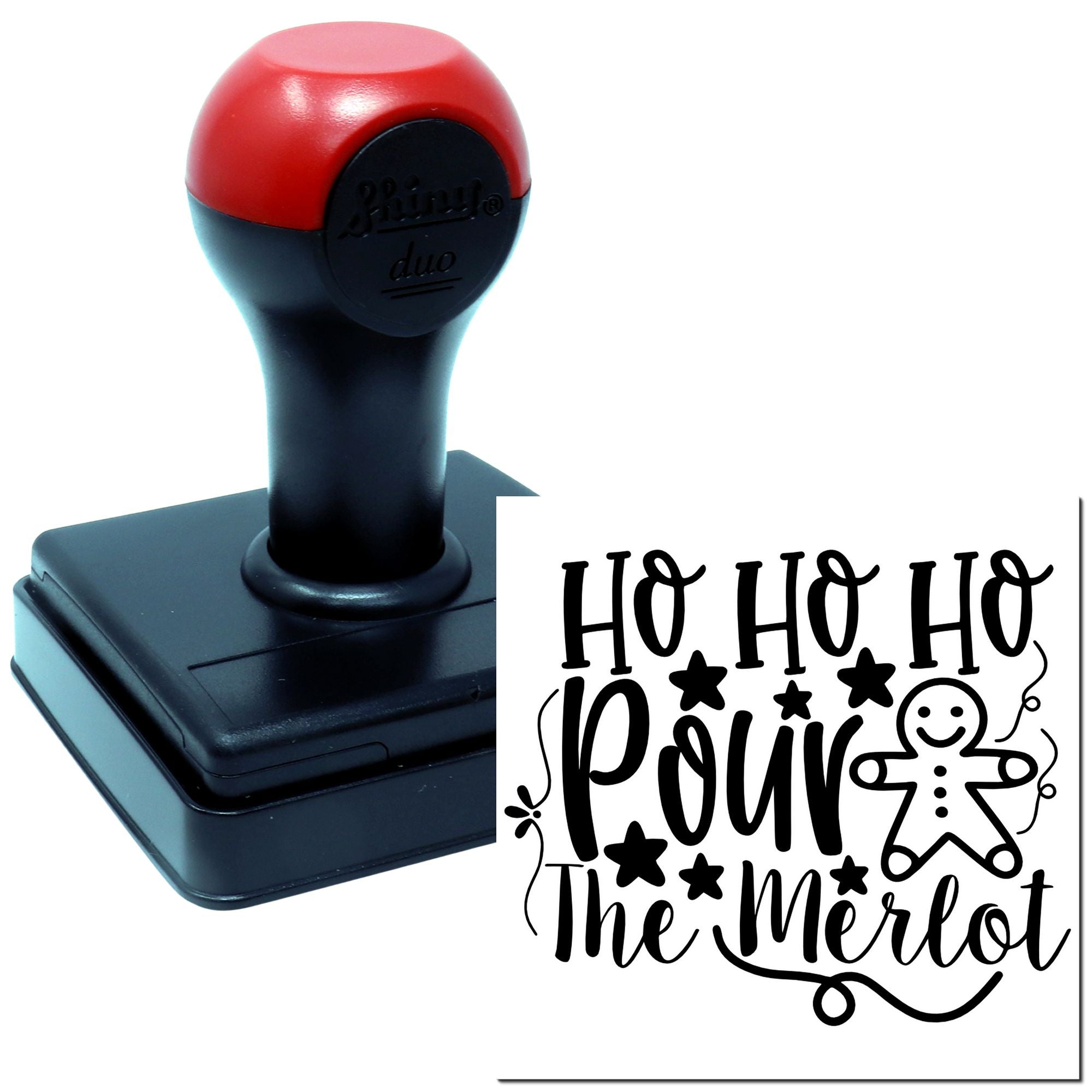 Self-inking holiday rubber stamp with Ho Ho Ho, Pour the Merlot design for custom Christmas wine gifts.