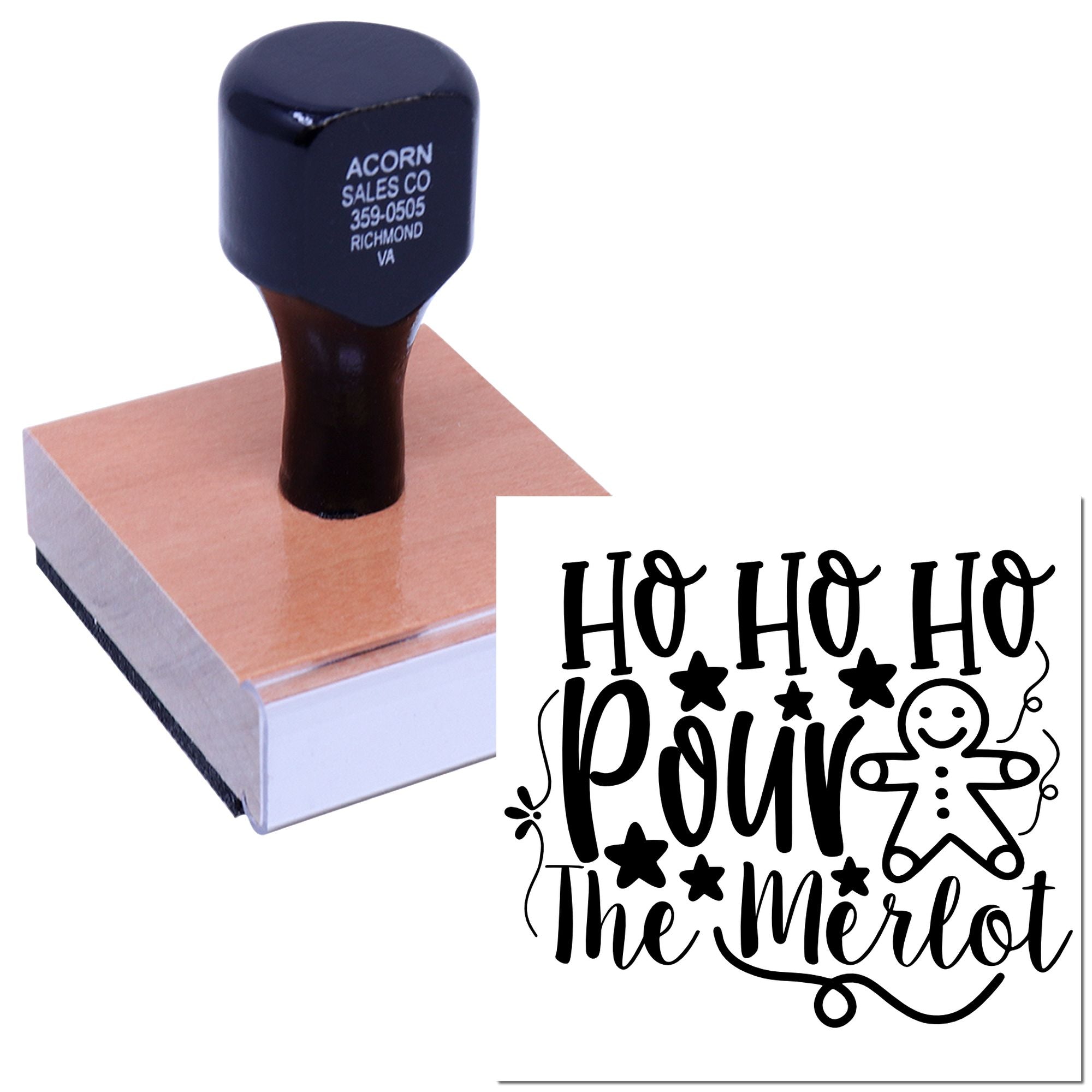 Custom Christmas rubber stamp with Ho Ho Ho, Pour the Merlot holiday wine design for festive cards and packaging.