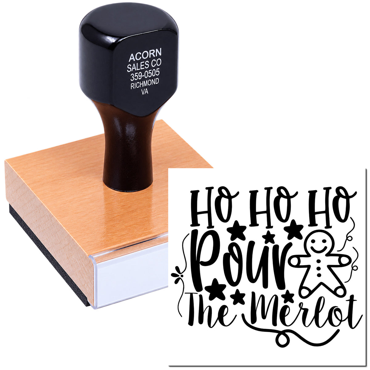 Custom Christmas rubber stamp with Ho Ho Ho, Pour the Merlot holiday wine design for festive cards and packaging.