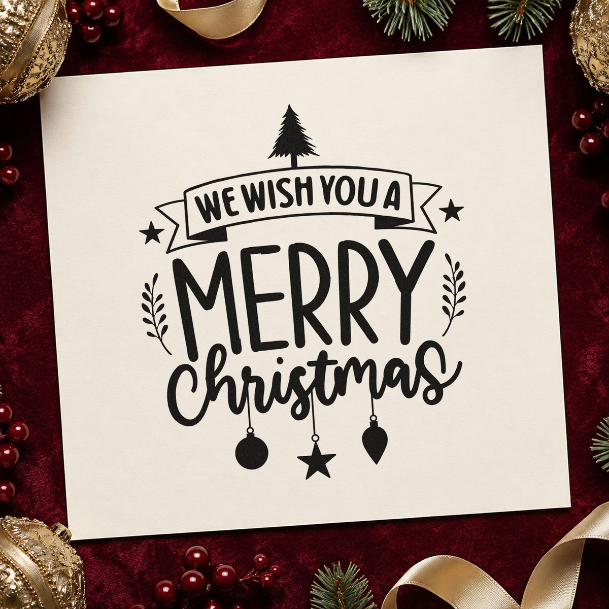 We Wish You Merry Christmas rubber stamp printed in black ink, ready for loaded layout cards and similar paper crafts.