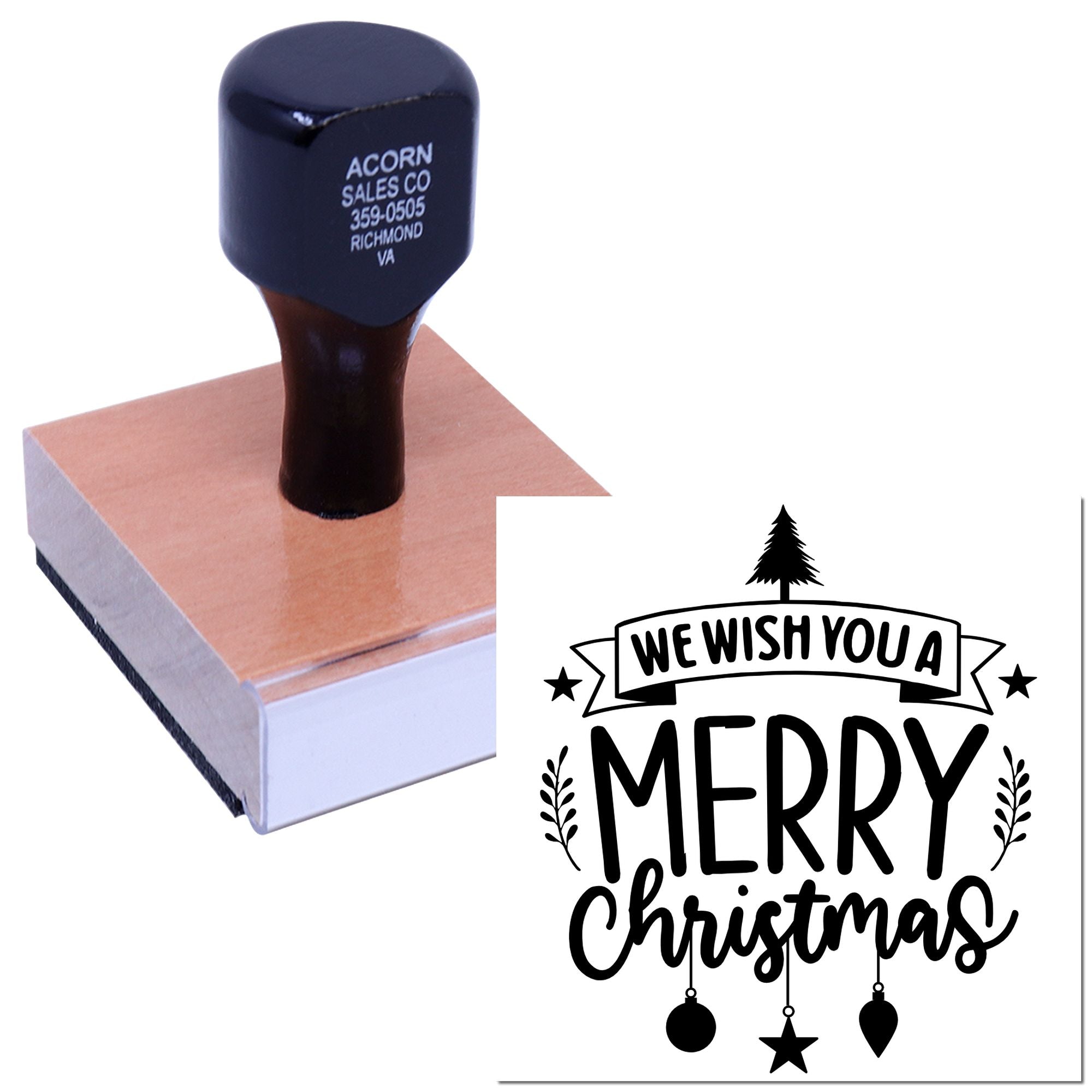 Custom Christmas rubber stamp with We Wish You a Merry Christmas design for holiday cards, crafts, and seasonal packaging.